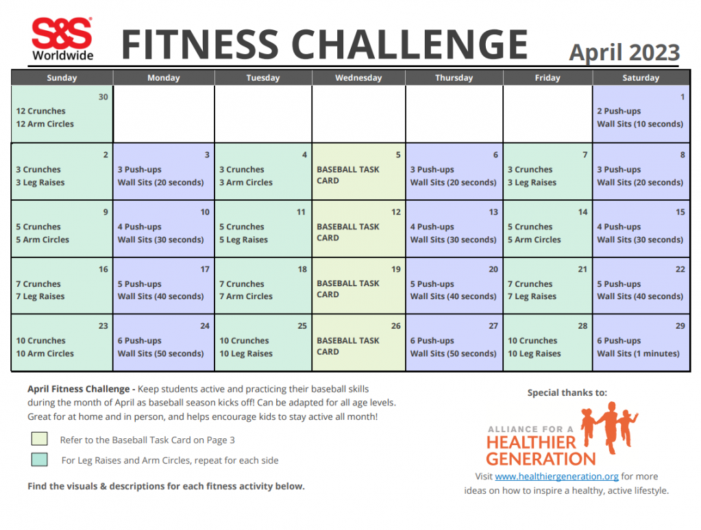 April Printable Fitness Challenge Calendar - S&S Blog