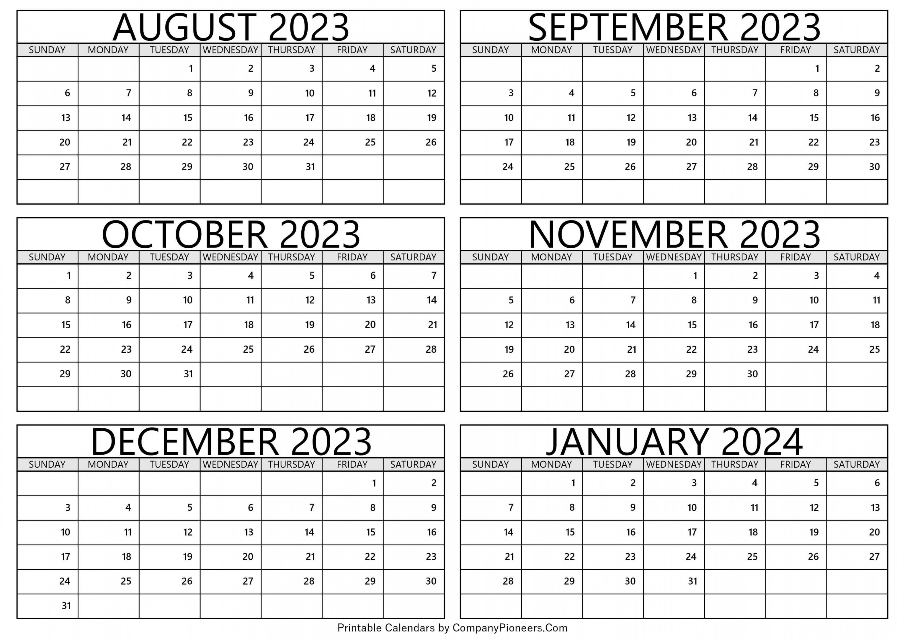 August  to January  Calendar Printable - Template