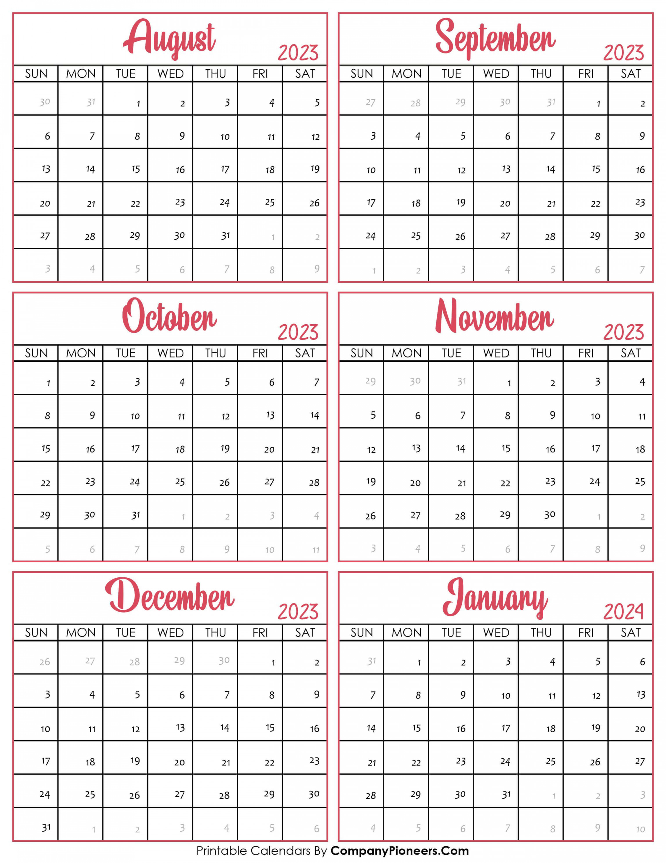 August  to January  Calendar Printable - Template