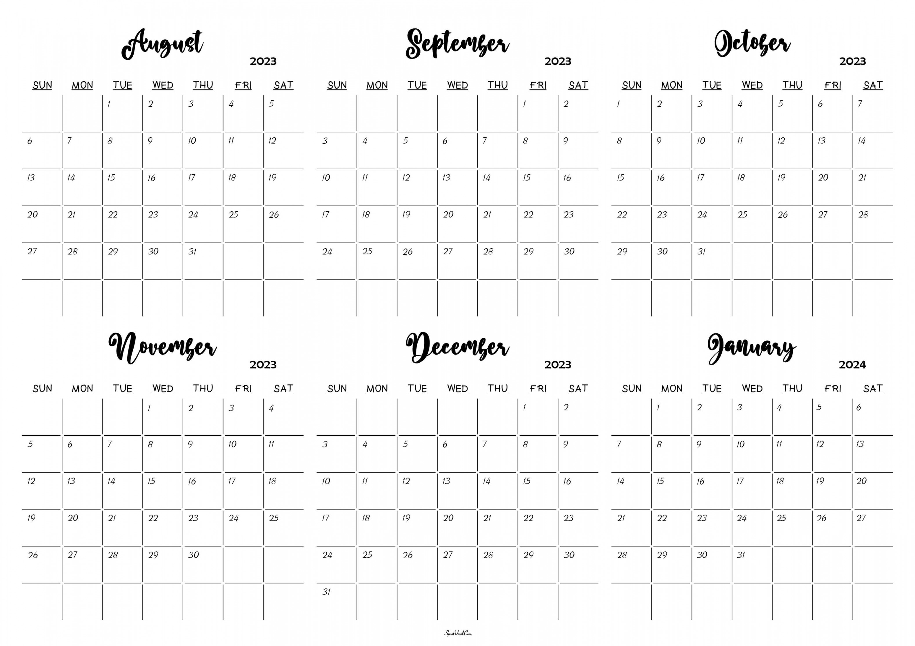 august to january calendar templates
