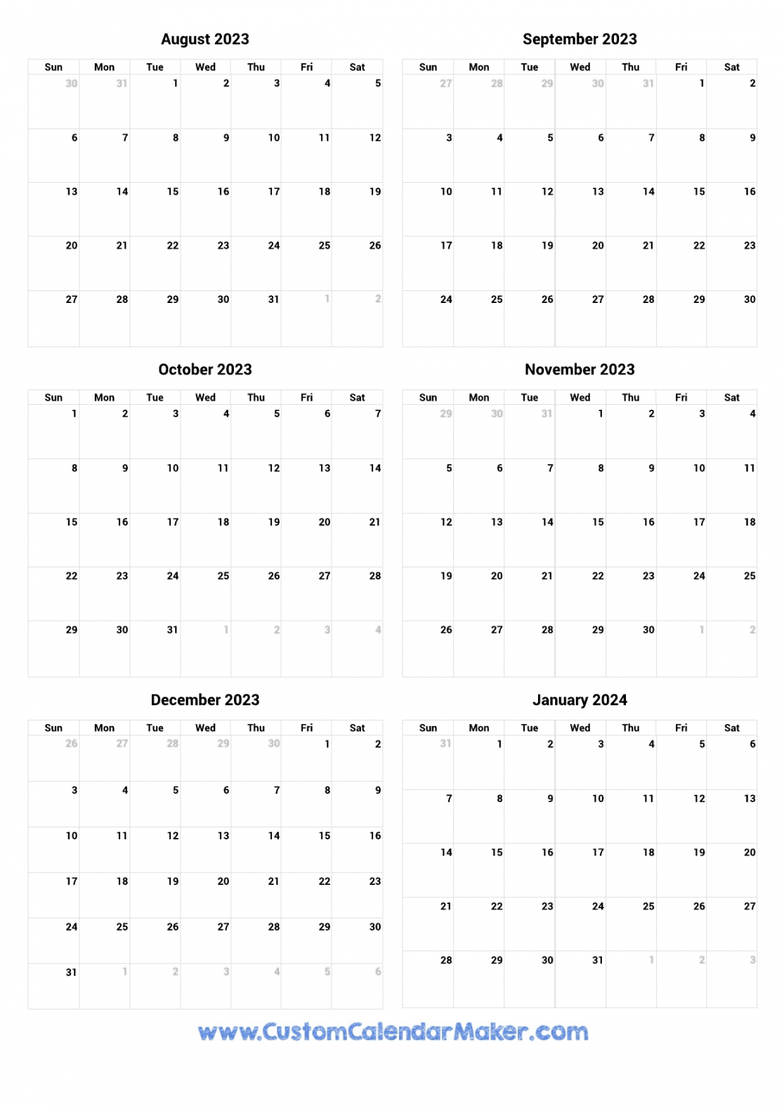 August  to January  Printable Calendar