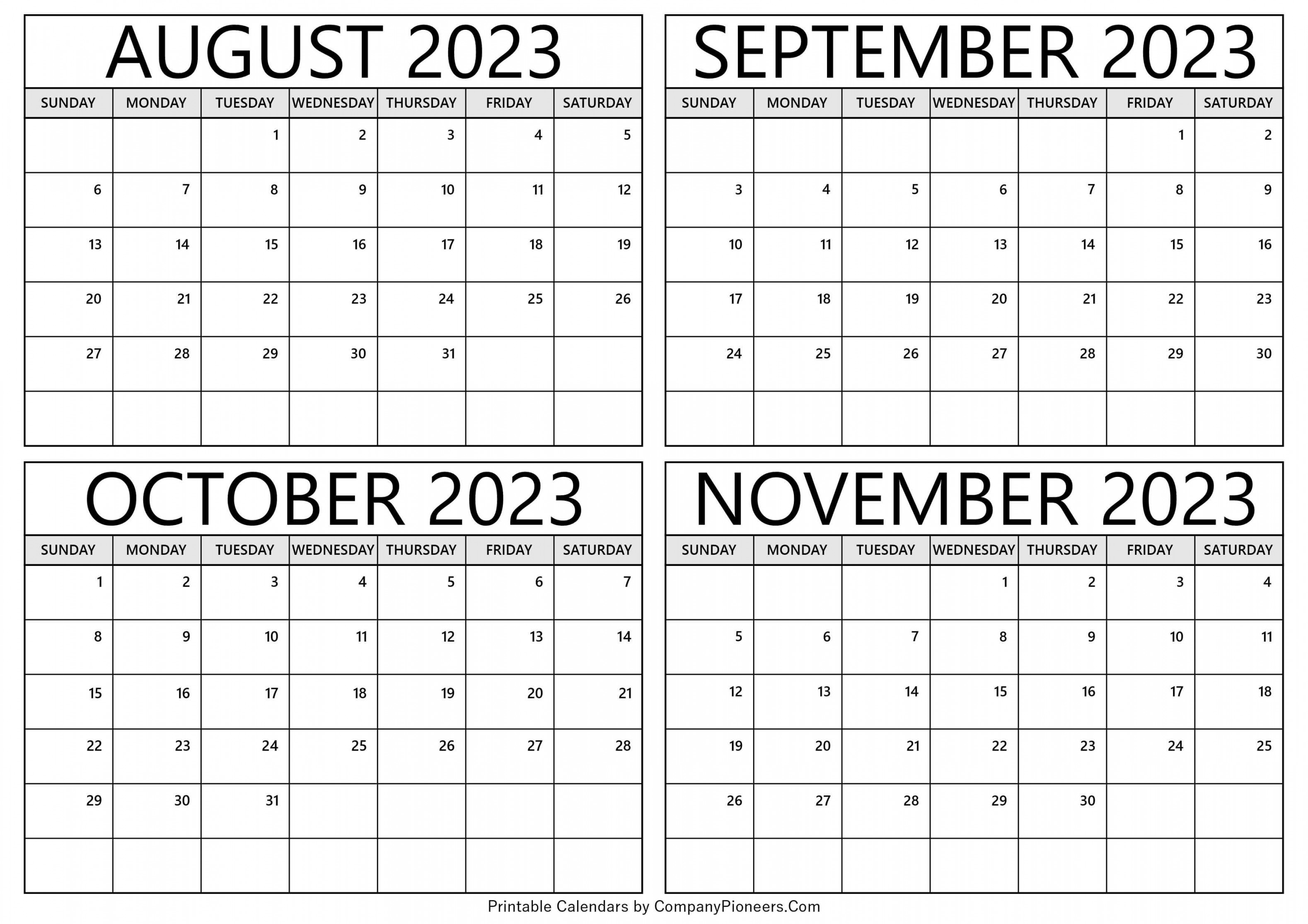 August to November  Calendar Printable - Template