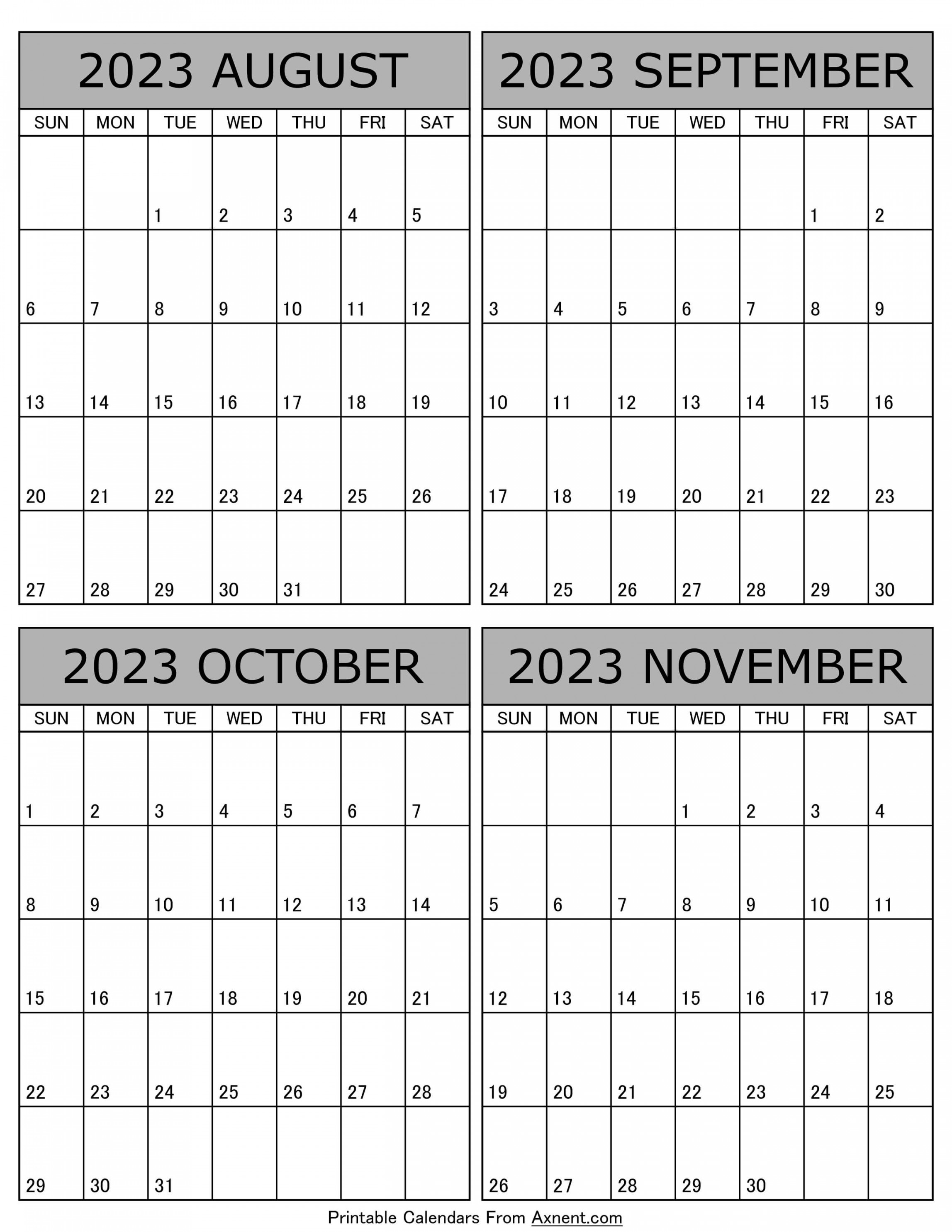 August To November  Calendar Templates - Four Months