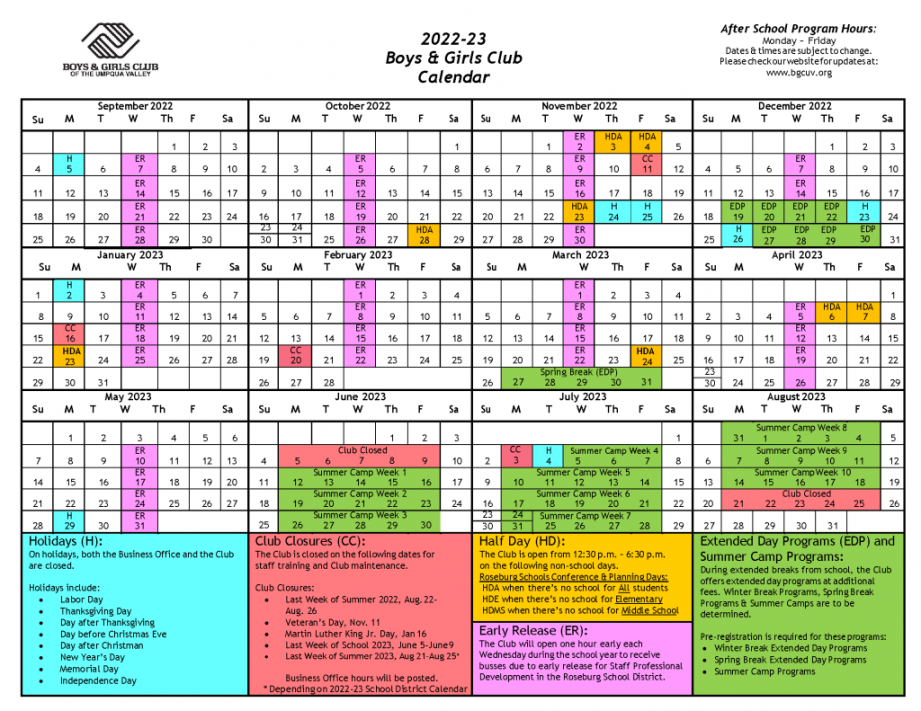 Club Calendar – Boys & Girls Clubs of the Umpqua Valley