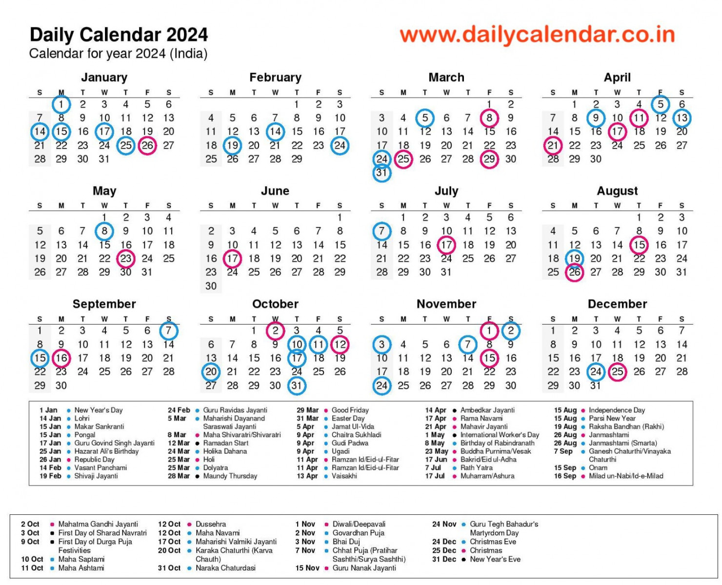 Daily Calendar  with Holidays (Govt, Tamil, Telugu, Odia) Pdf