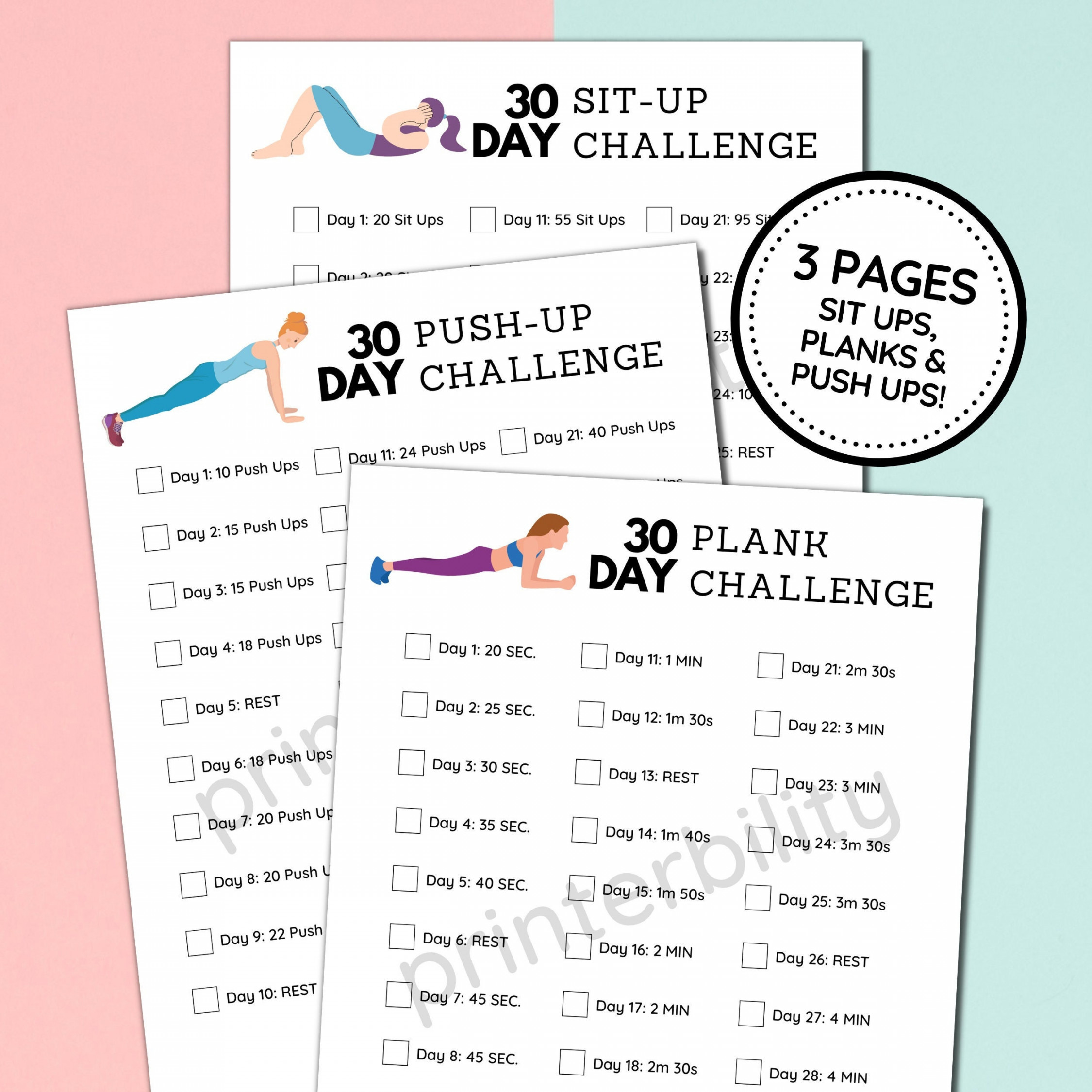 Day Printable Fitness Challenge Sit Ups Planks & Push - Etsy