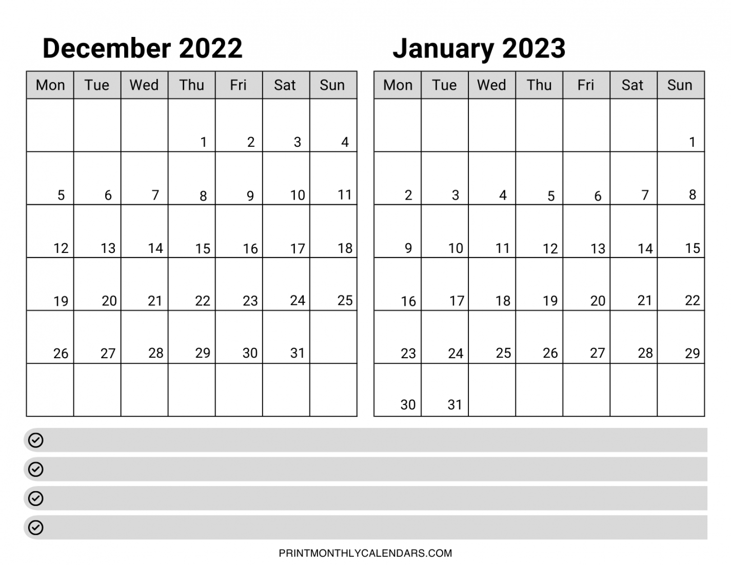 December  January  Calendar Template - Two Month Printable