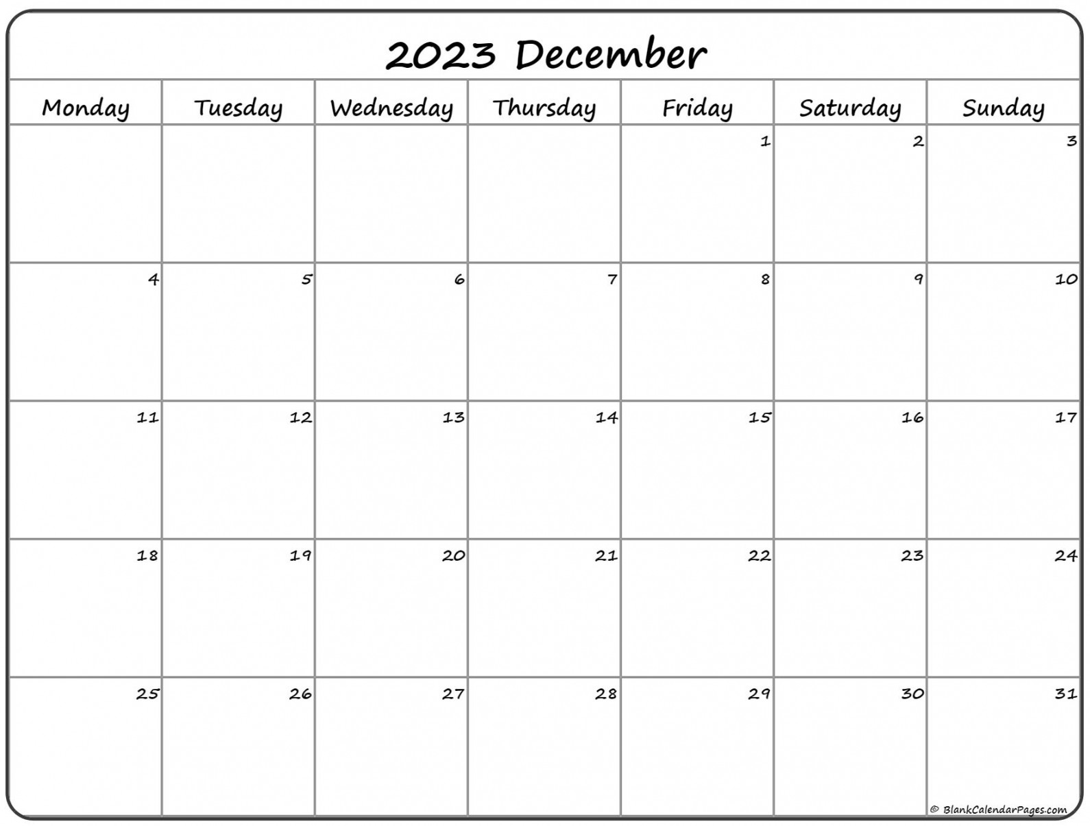 december monday calendar monday to sunday 1