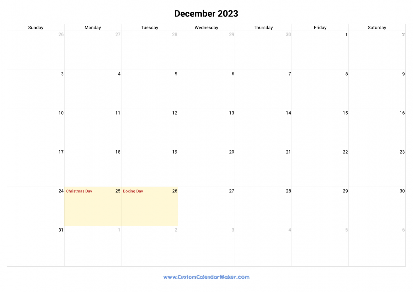 December  Printable Calendar With Canadian Holidays