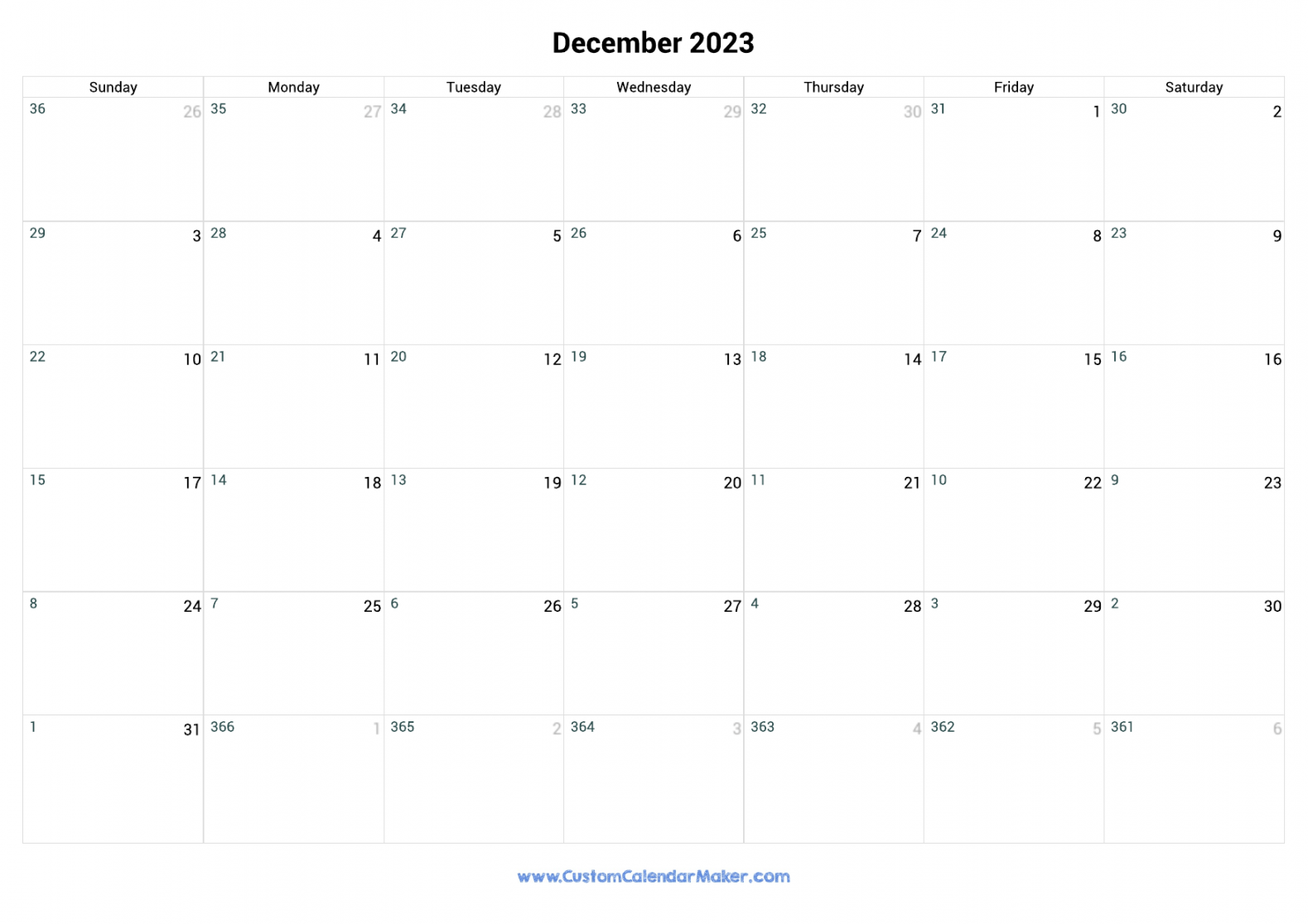 December  Remaining Days Calendar