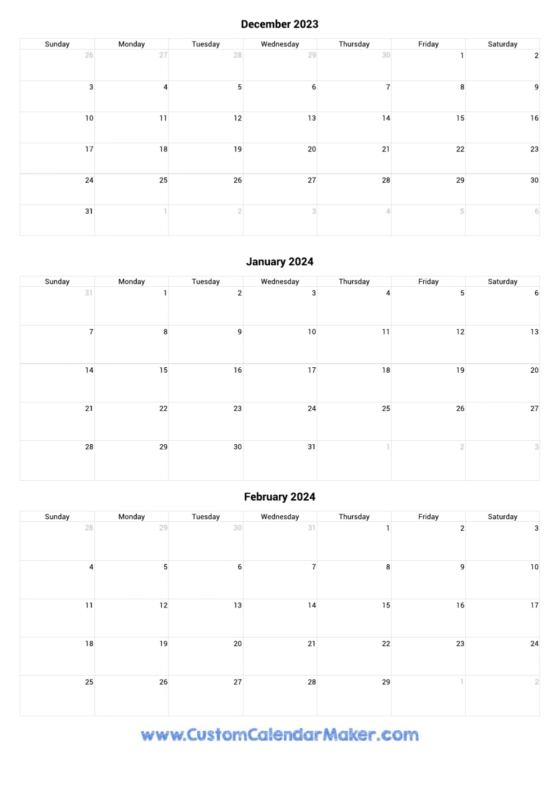 December  to February  Calendar Printable