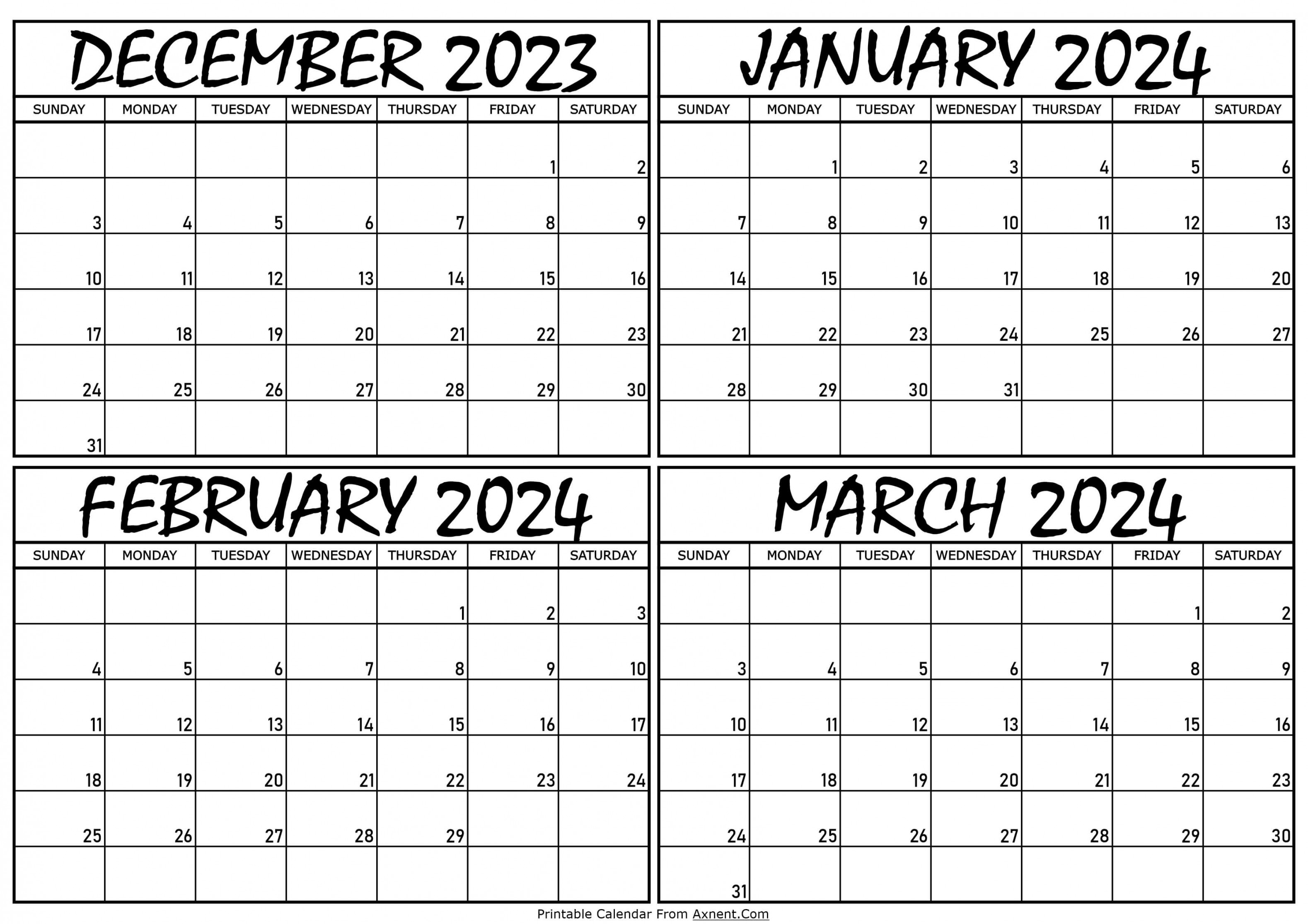 December  To March  Calendar Template - Four Months
