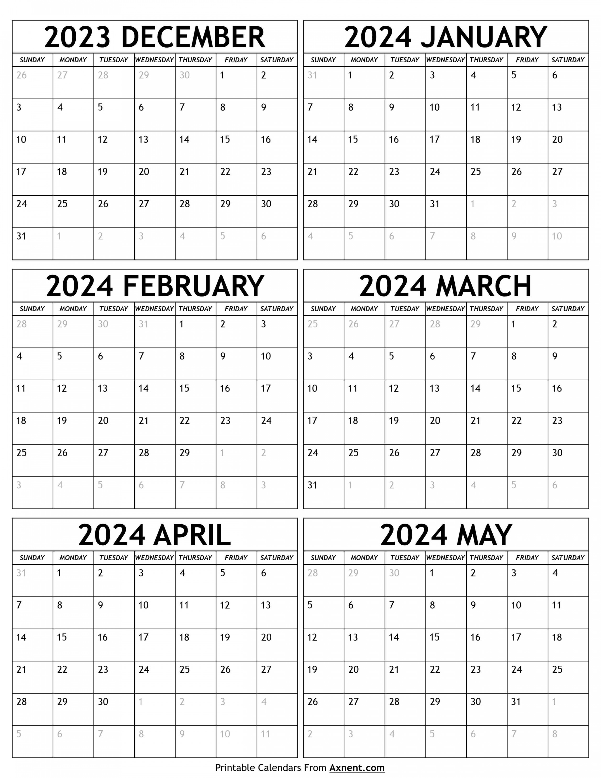 December  To May  Calendar Template - Six Months