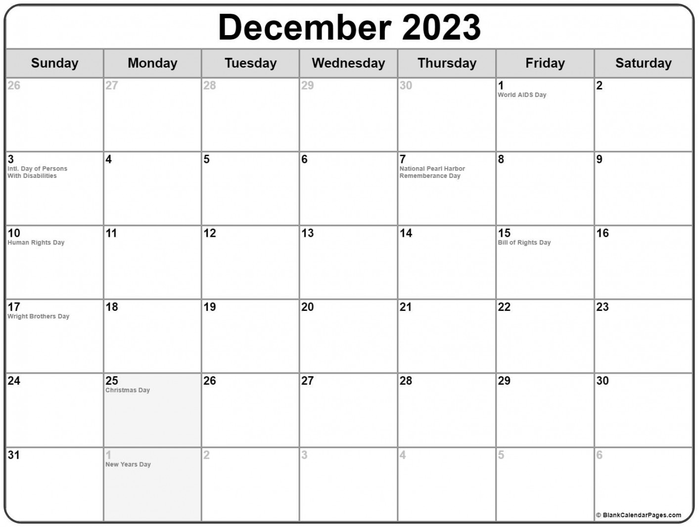 December  with holidays calendar