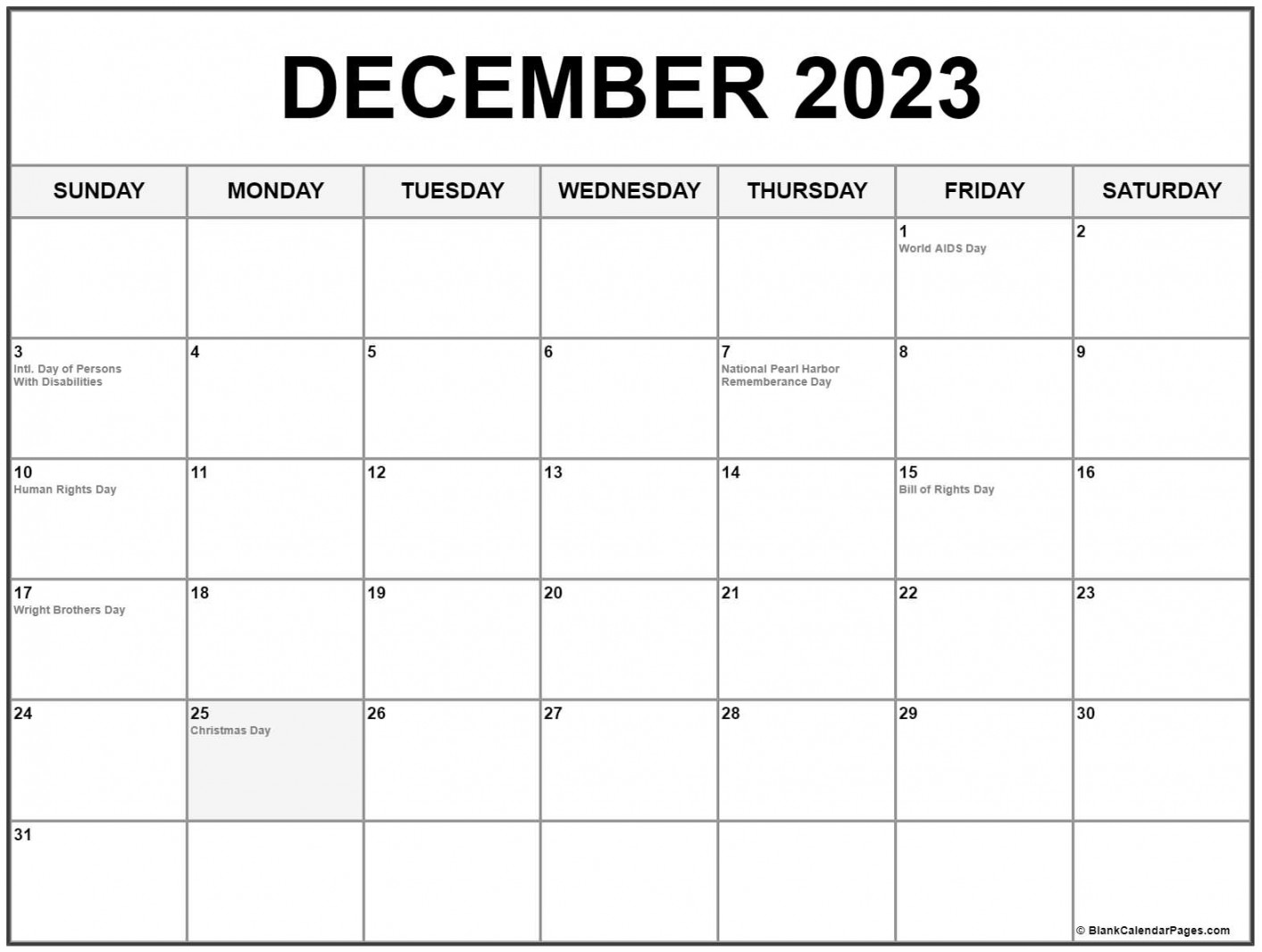 December  with holidays calendar