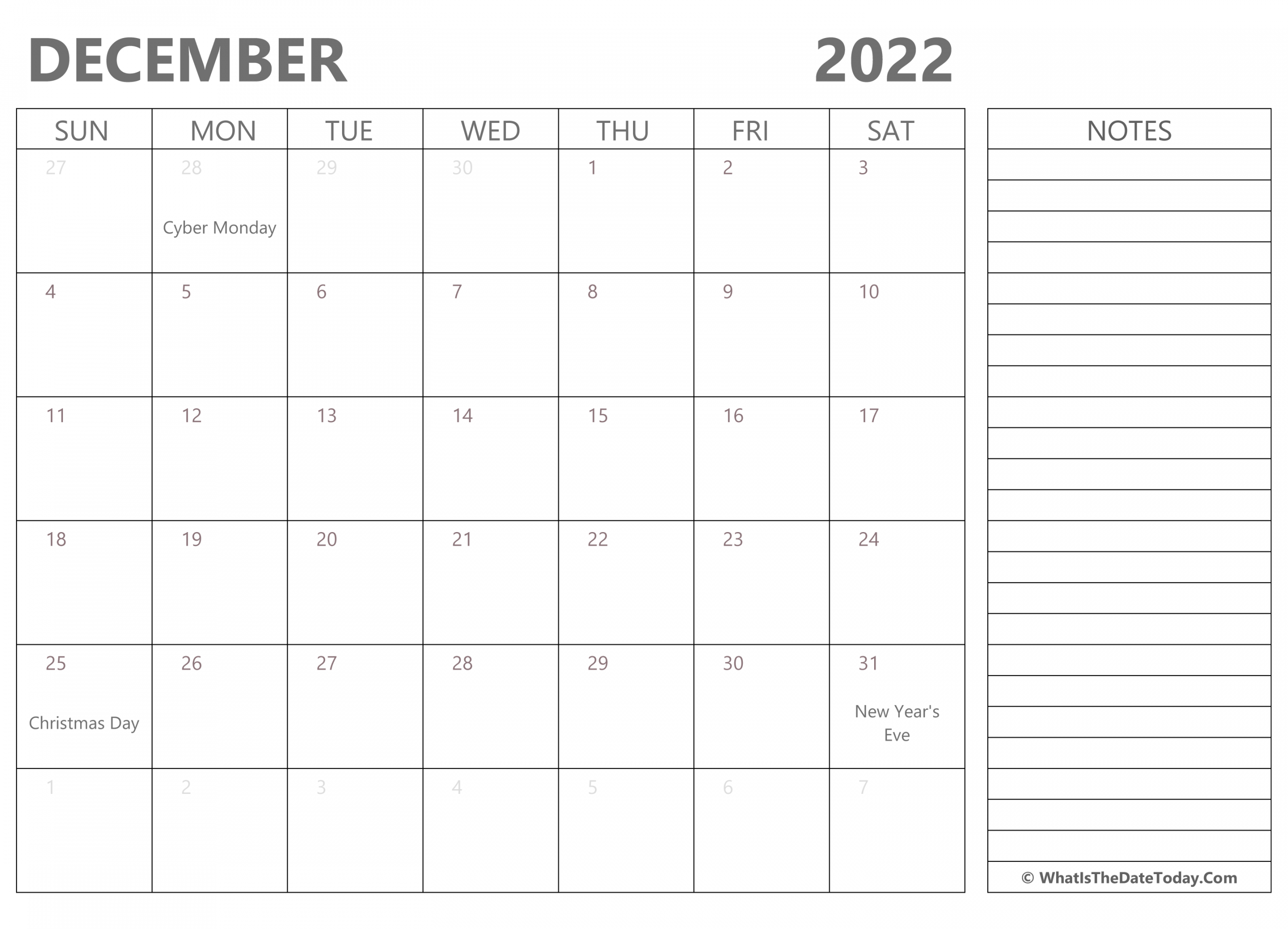 Editable December  Calendar with Holidays and Notes