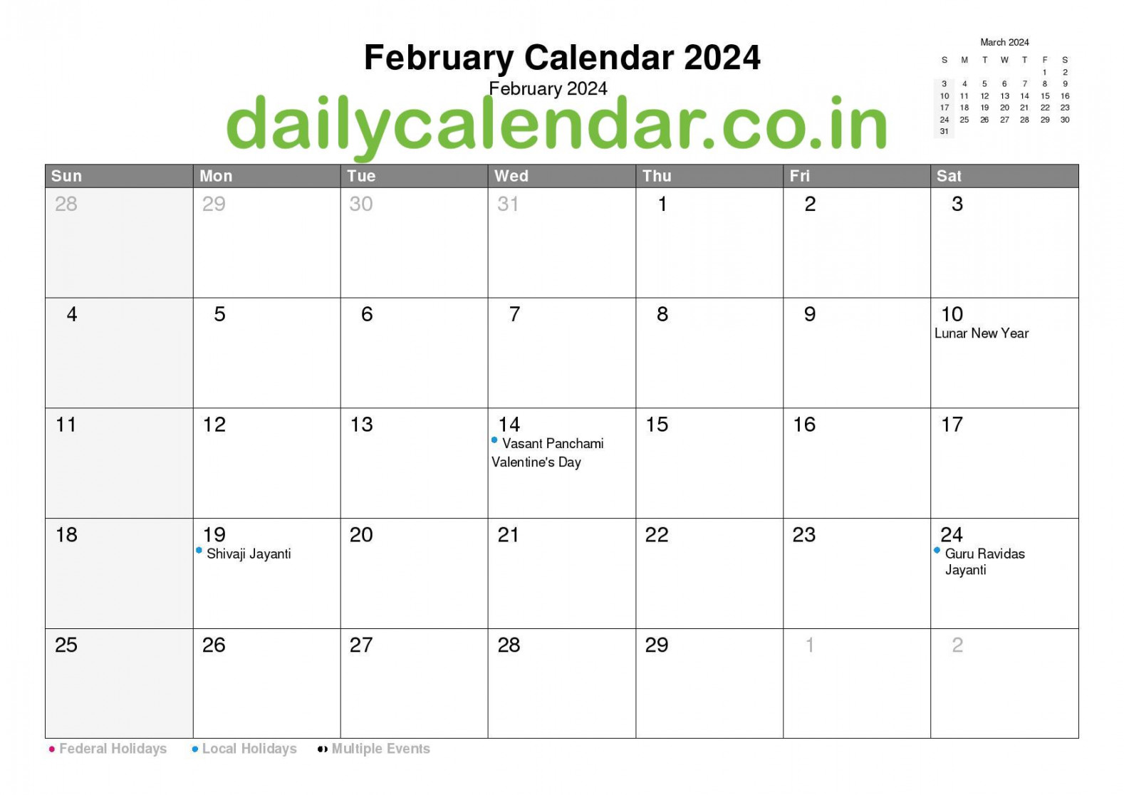 Feb  Leap Year] February  Calendar with Holidays India