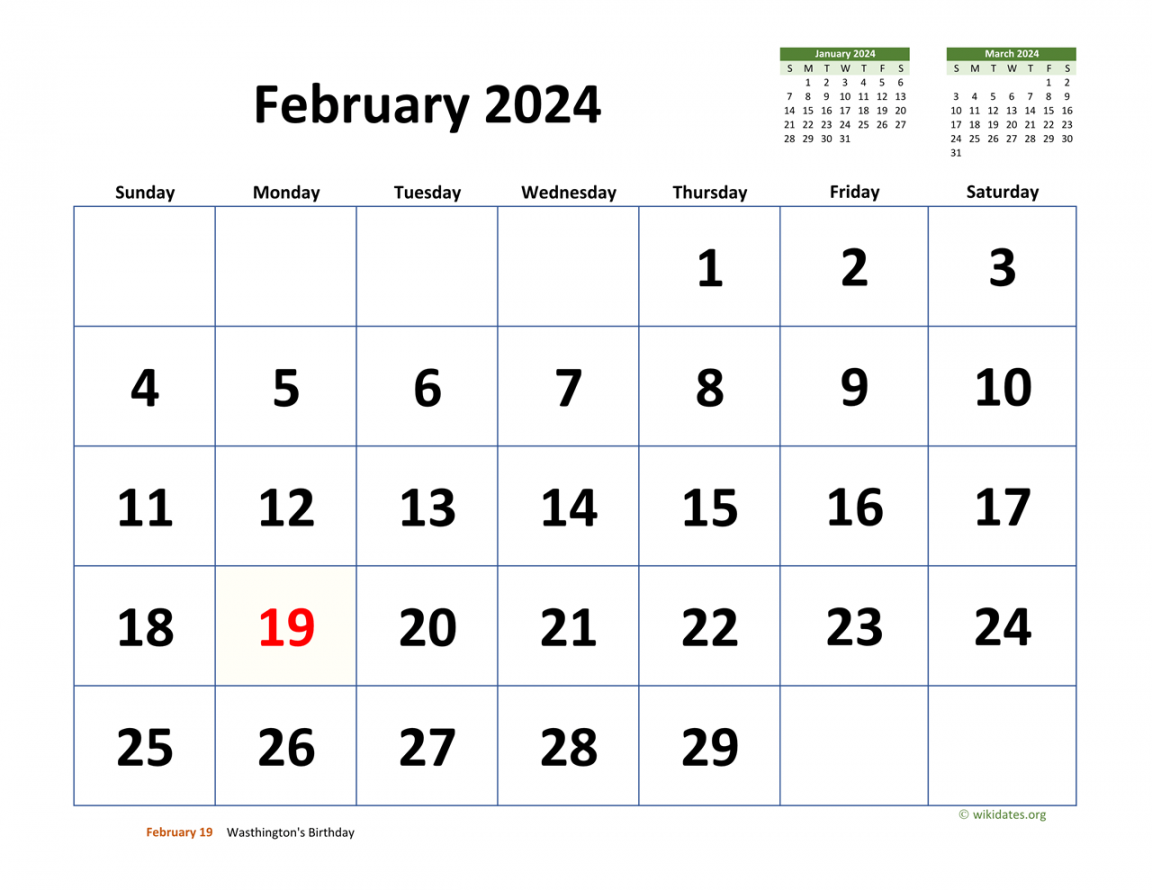 February  Calendar with Extra-large Dates  WikiDates