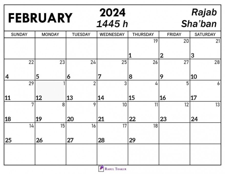 February  Calendar with Hijri Dates - Thakur Writes