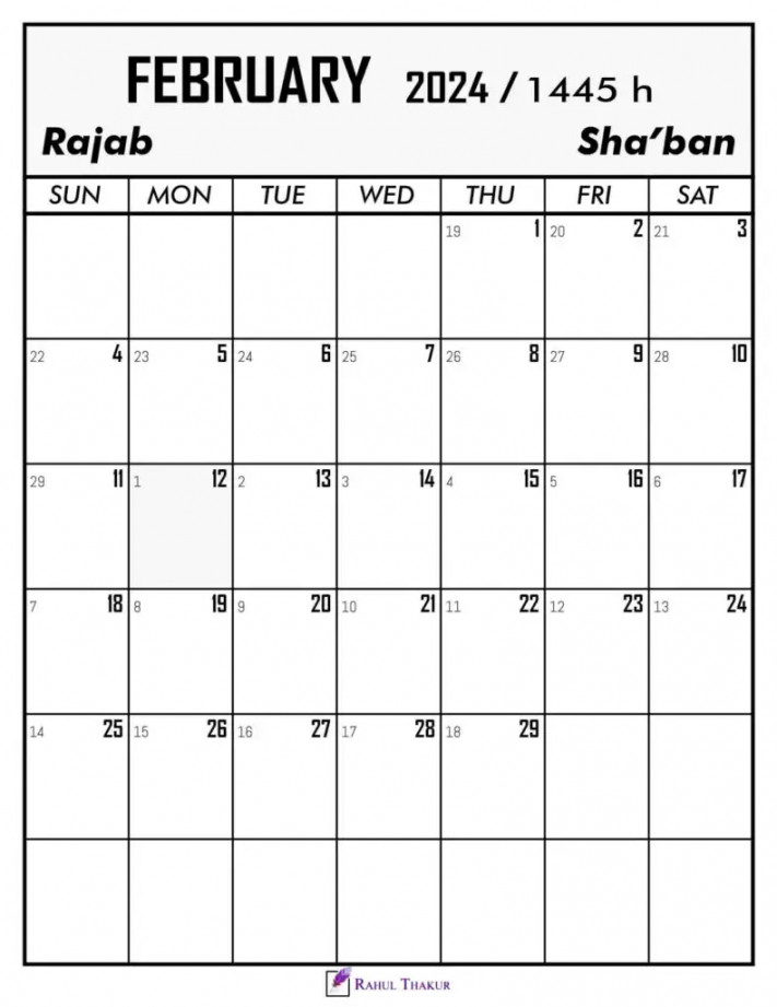 February  Calendar with Hijri Dates - Thakur Writes