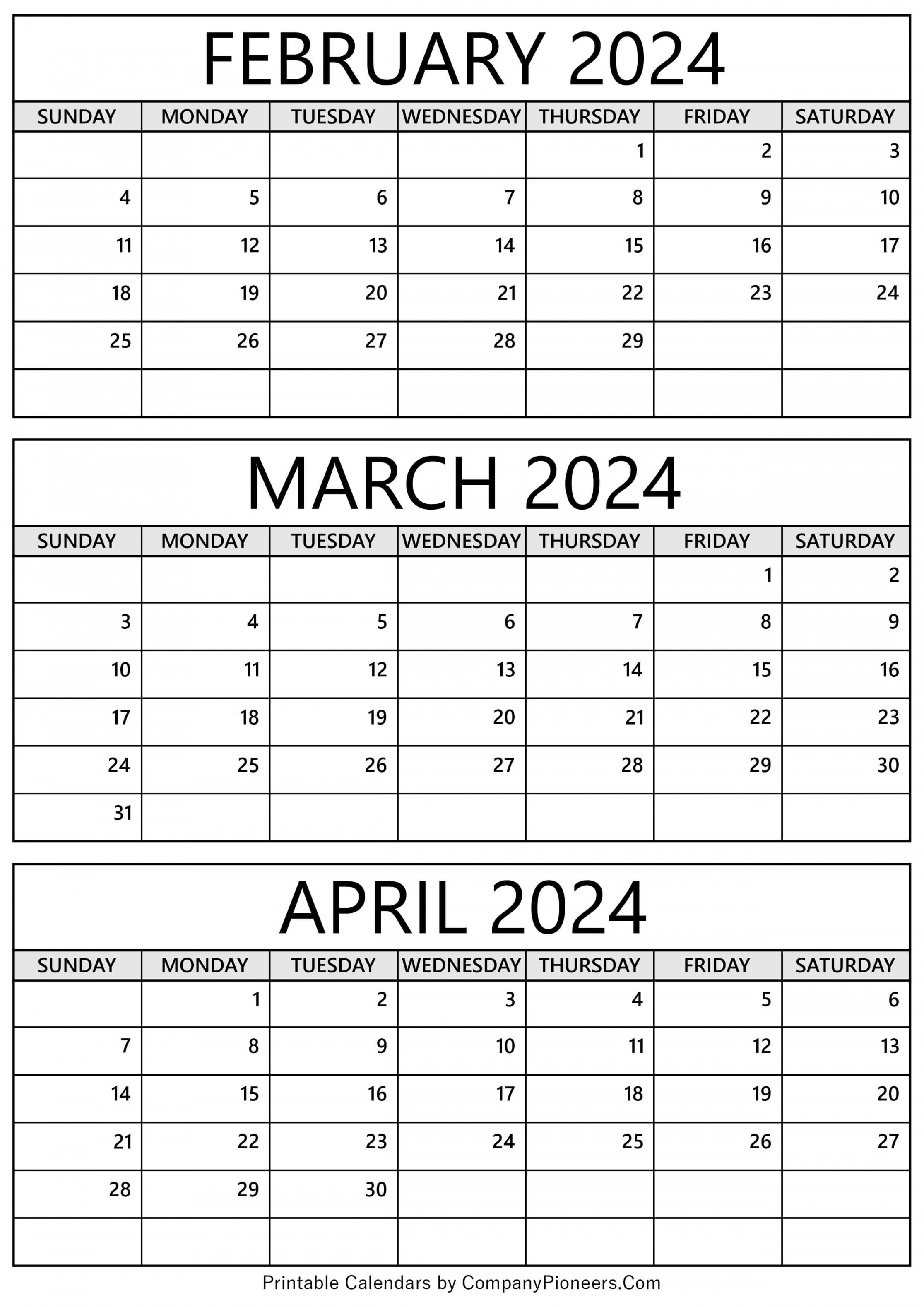 February March April  Calendar Printable - Template
