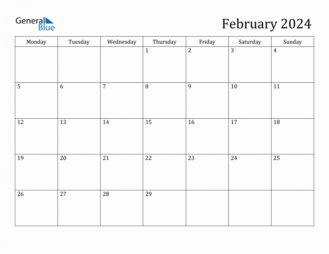 February  Monthly Calendar Templates with Monday start