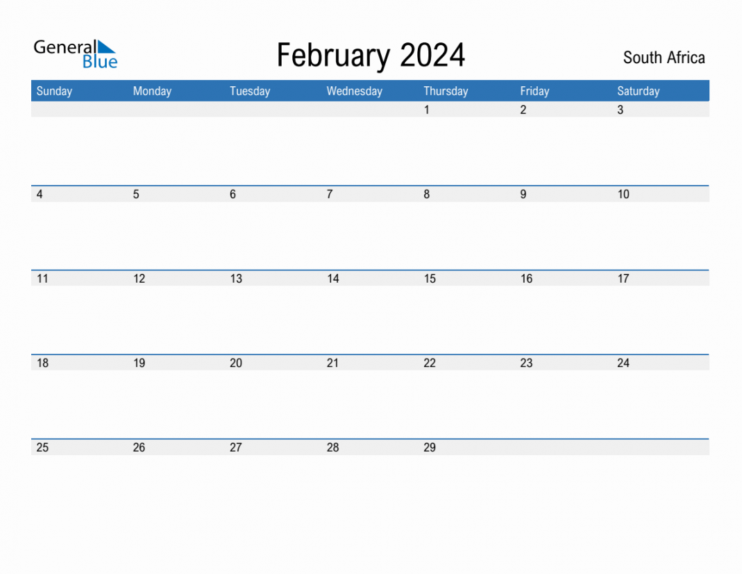 February  Monthly Calendar with South Africa Holidays