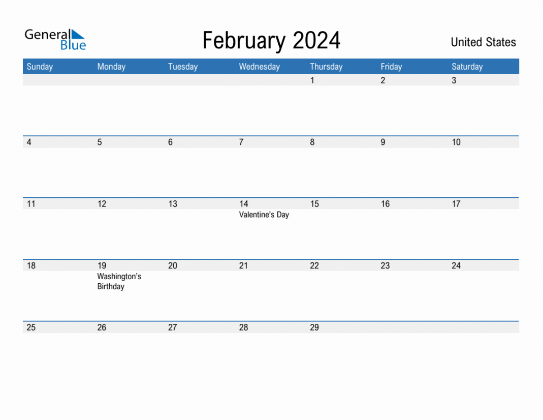 february monthly calendar with united states holidays