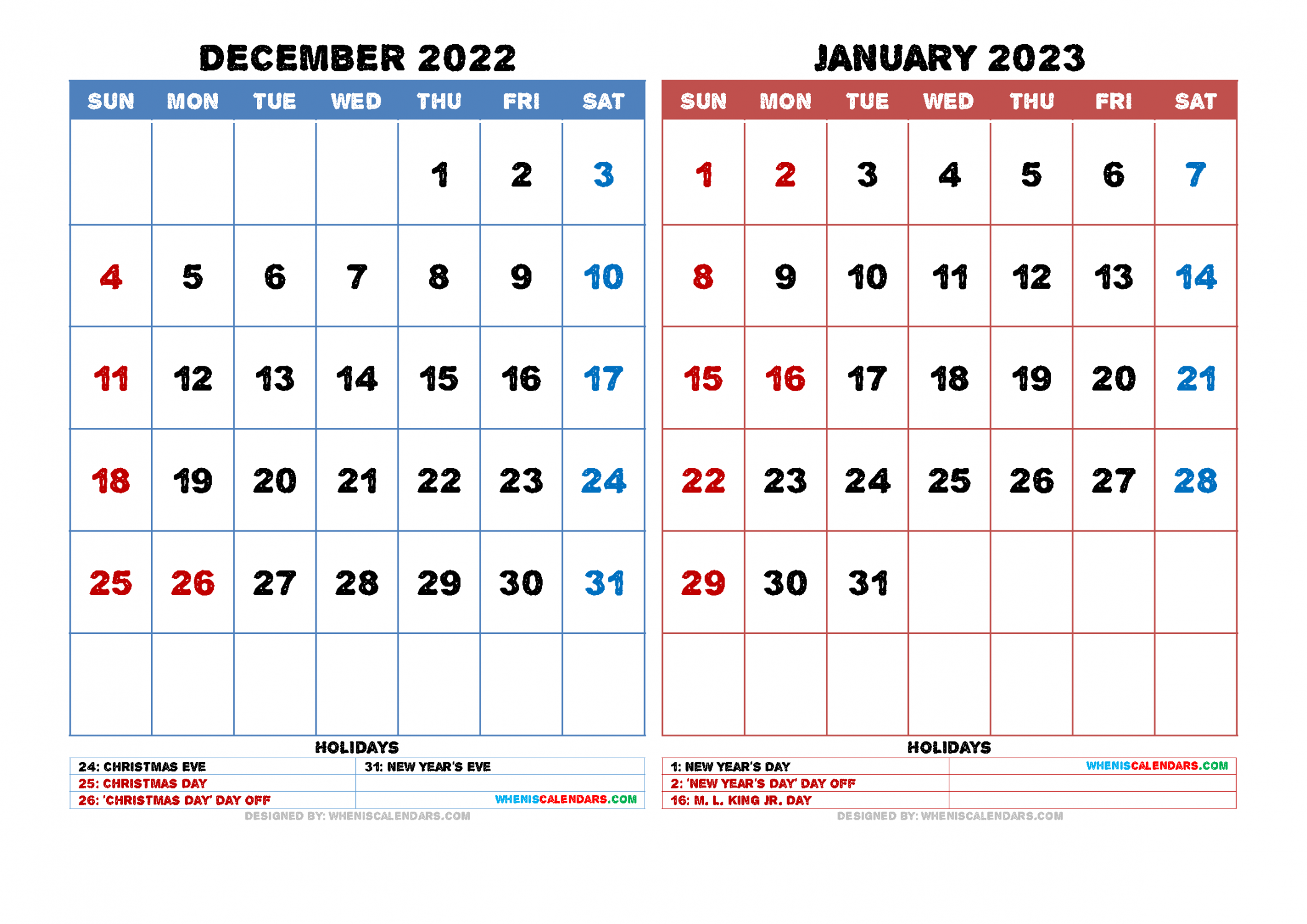 Free December  January  Calendar Printable PDF