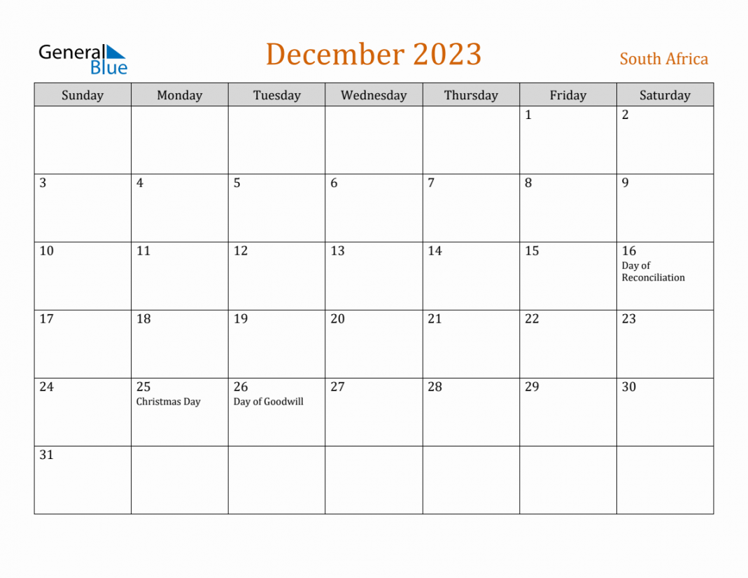 Free December  South Africa Calendar