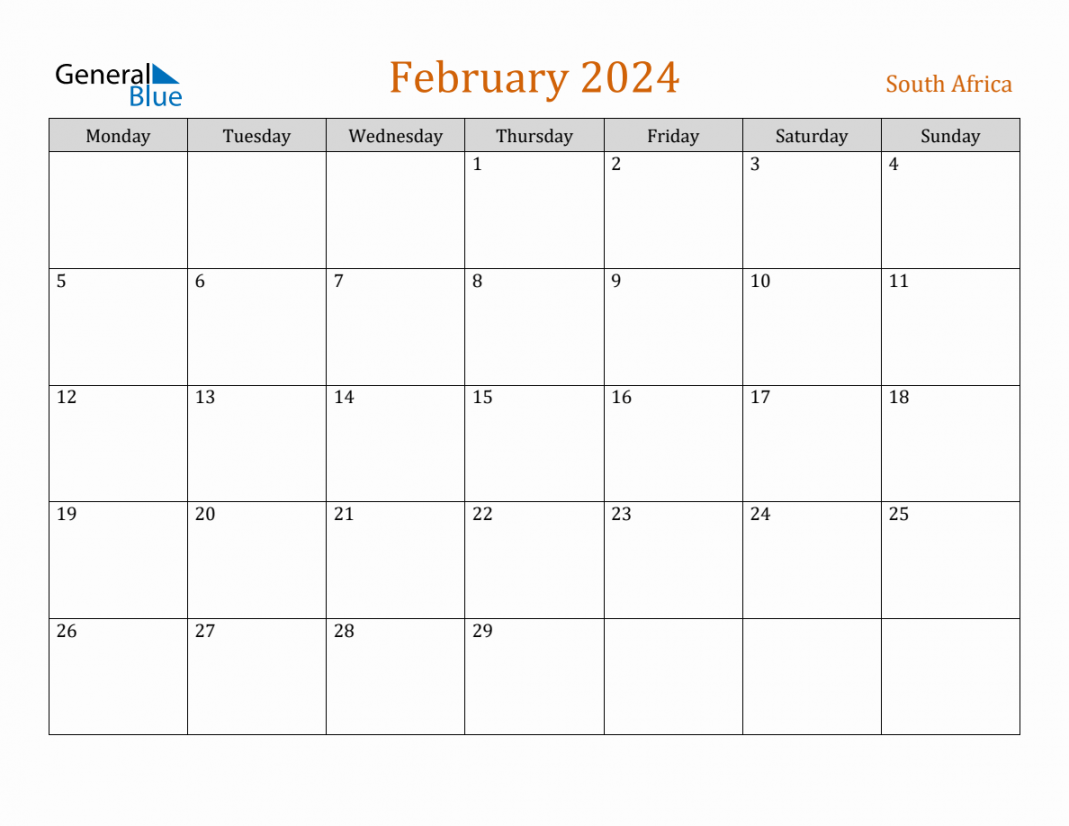 Free February  South Africa Calendar