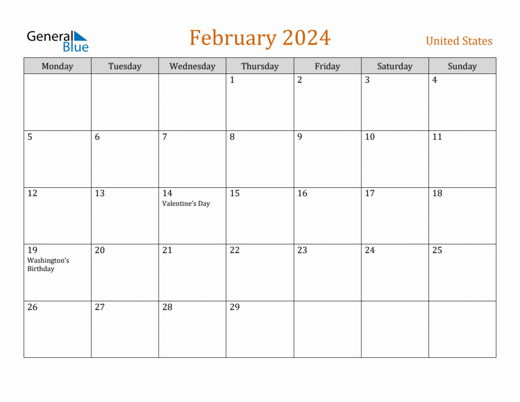 Free February  United States Calendar