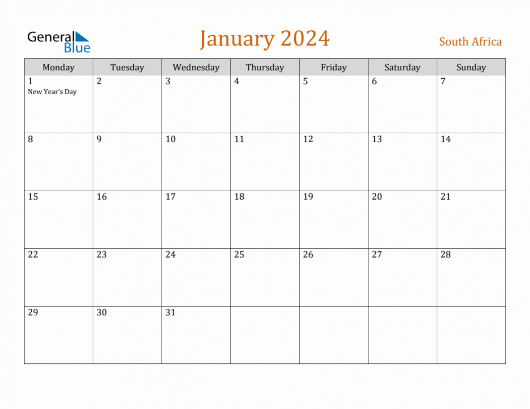 Free January  South Africa Calendar