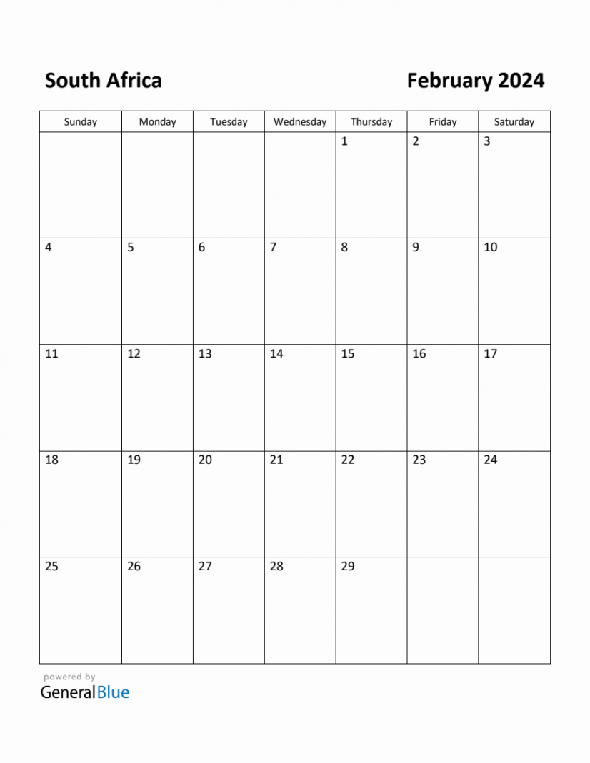 Free Printable February  Calendar for South Africa