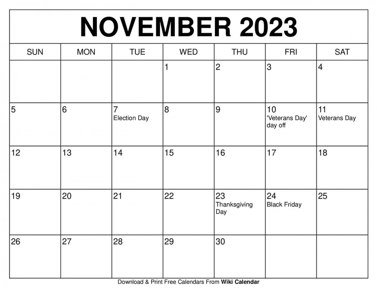 Free Printable November  Calendar Templates with Holidays