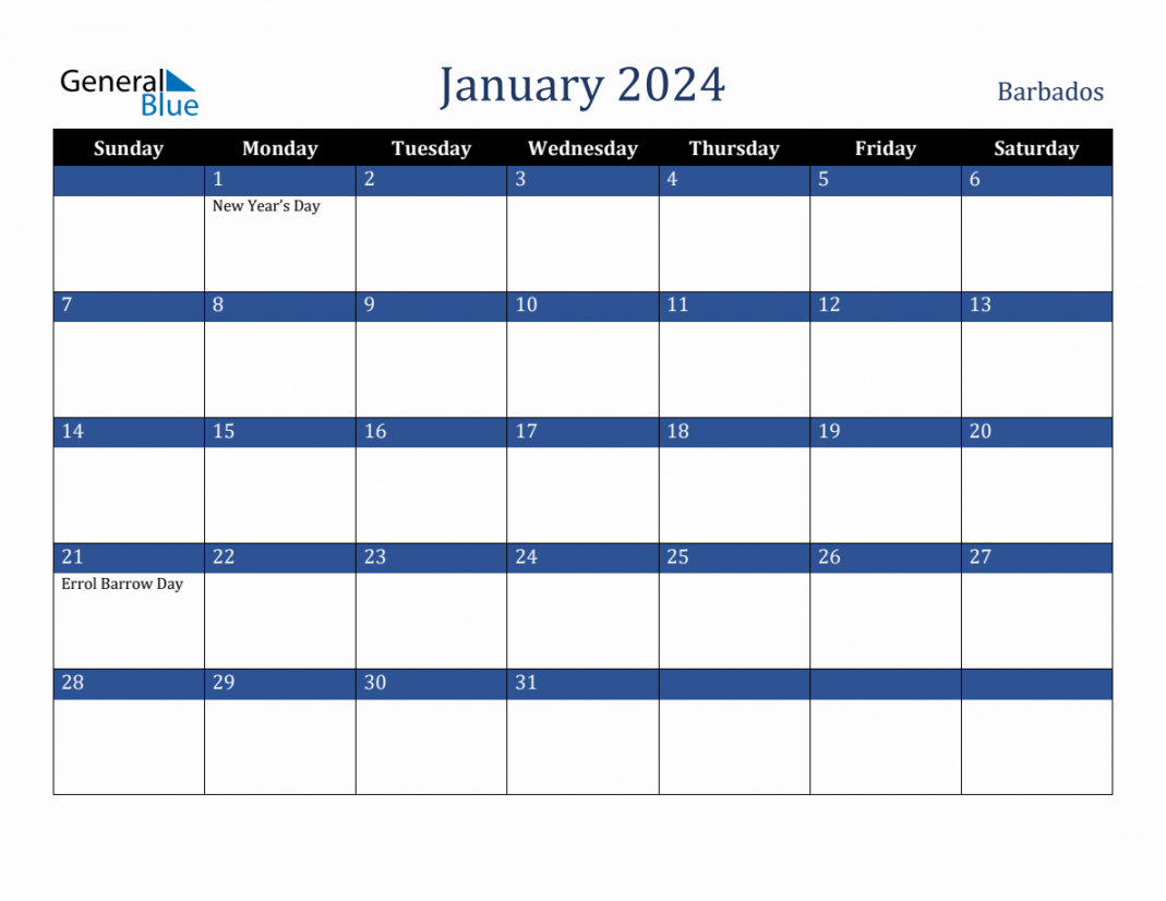 January  Barbados Holiday Calendar