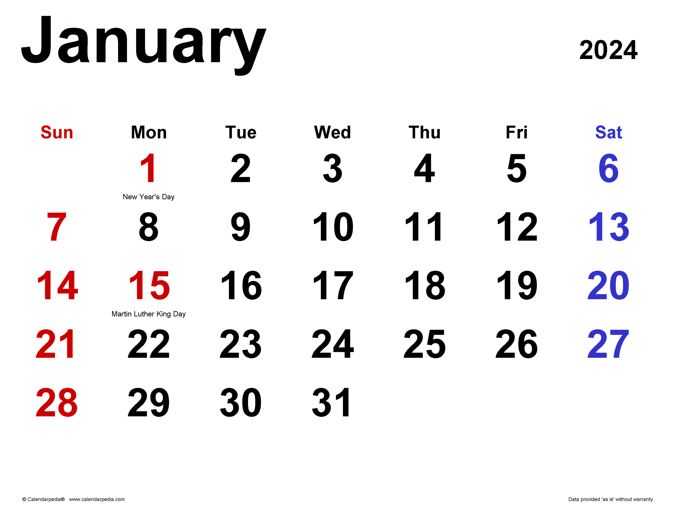 January  Calendar  Templates for Word, Excel and PDF