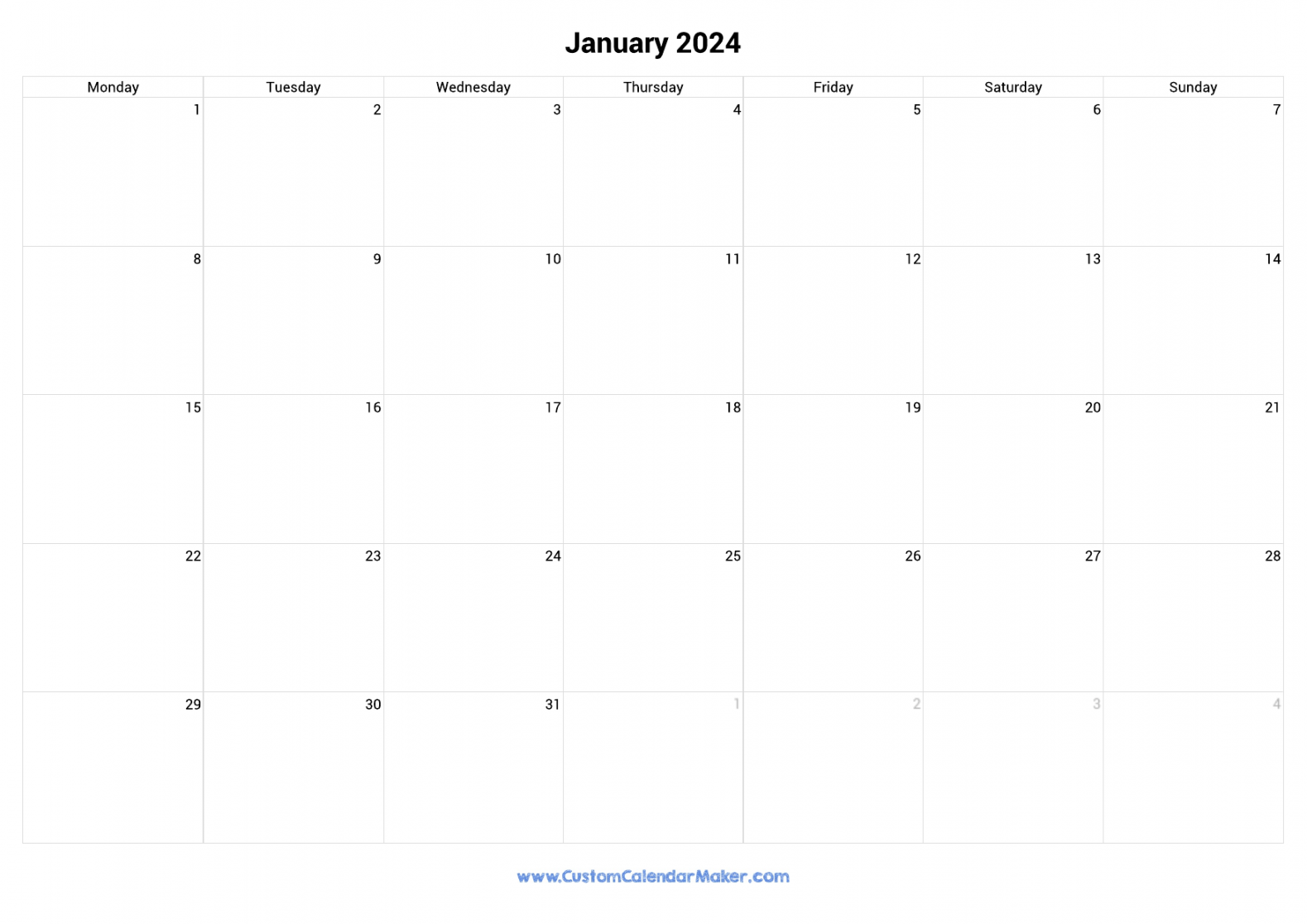January  Monday Start Calendar  Monday to Sunday