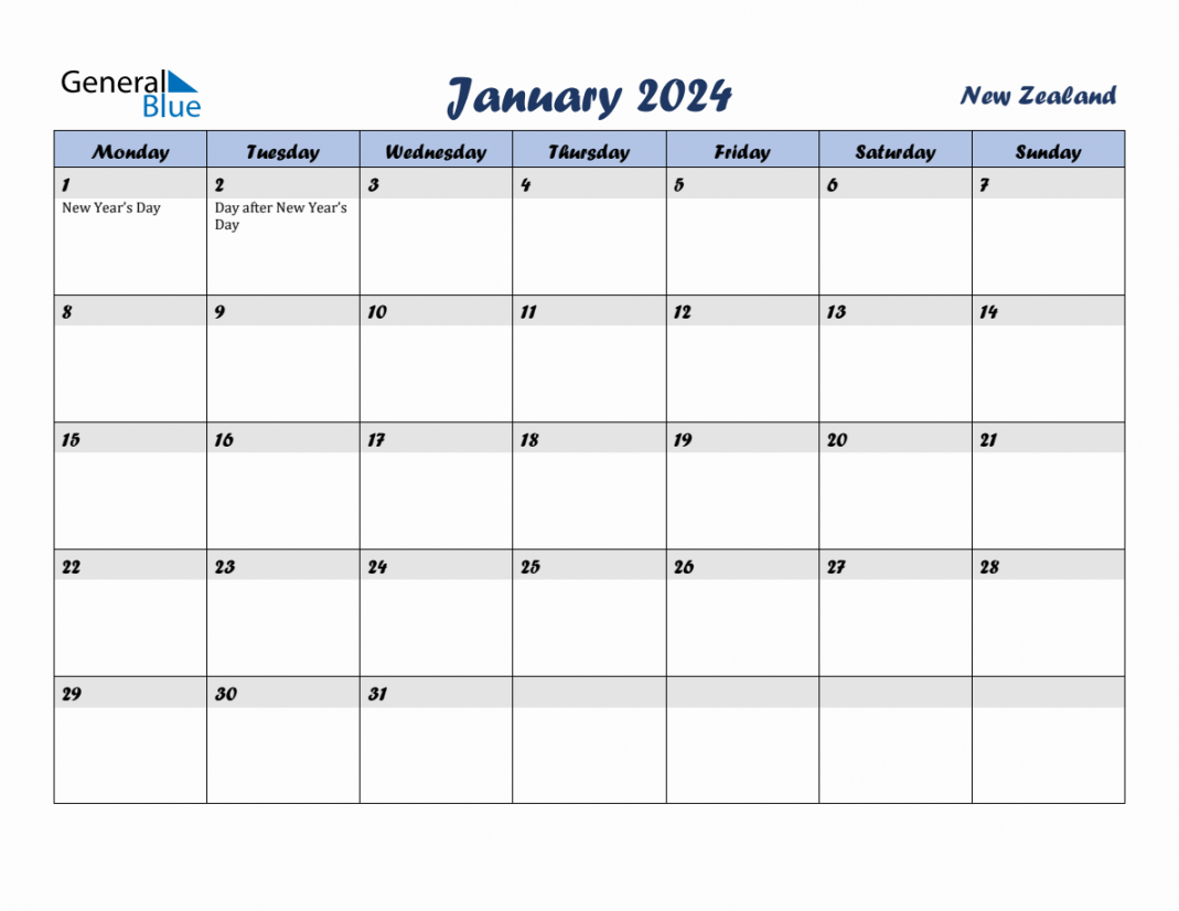 January  Monthly Calendar Template with Holidays for New Zealand