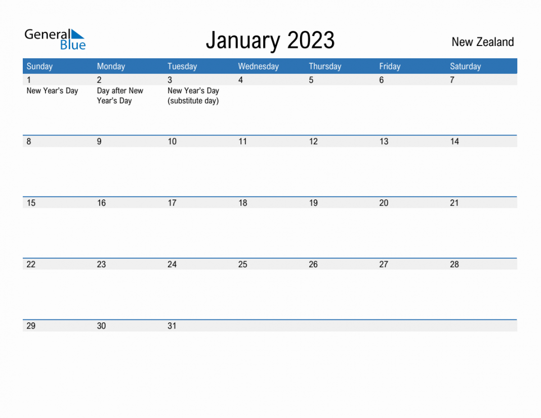 January  Monthly Calendar with New Zealand Holidays