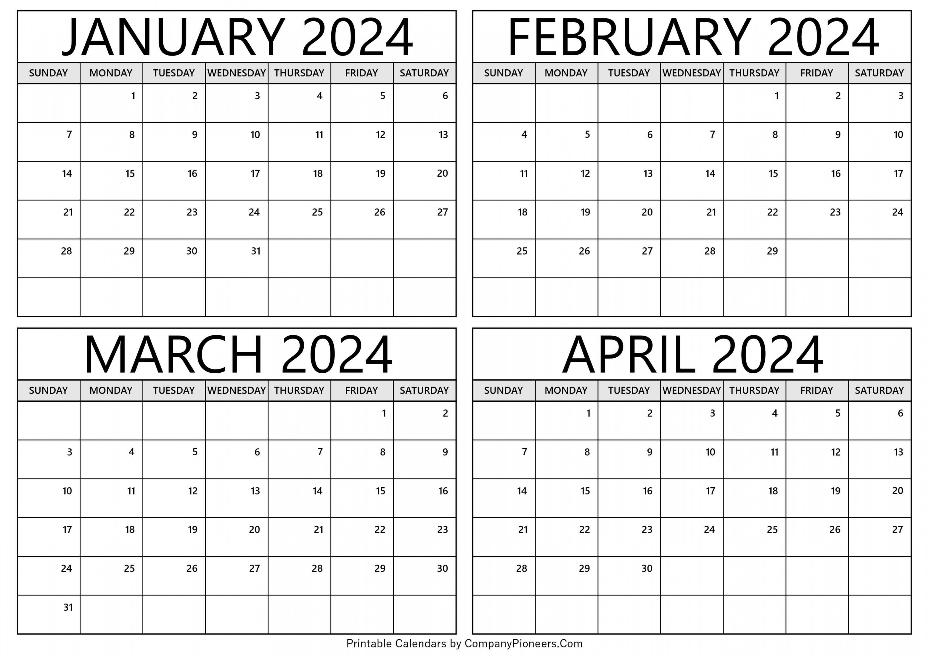 January to April  Calendar Printable - Template