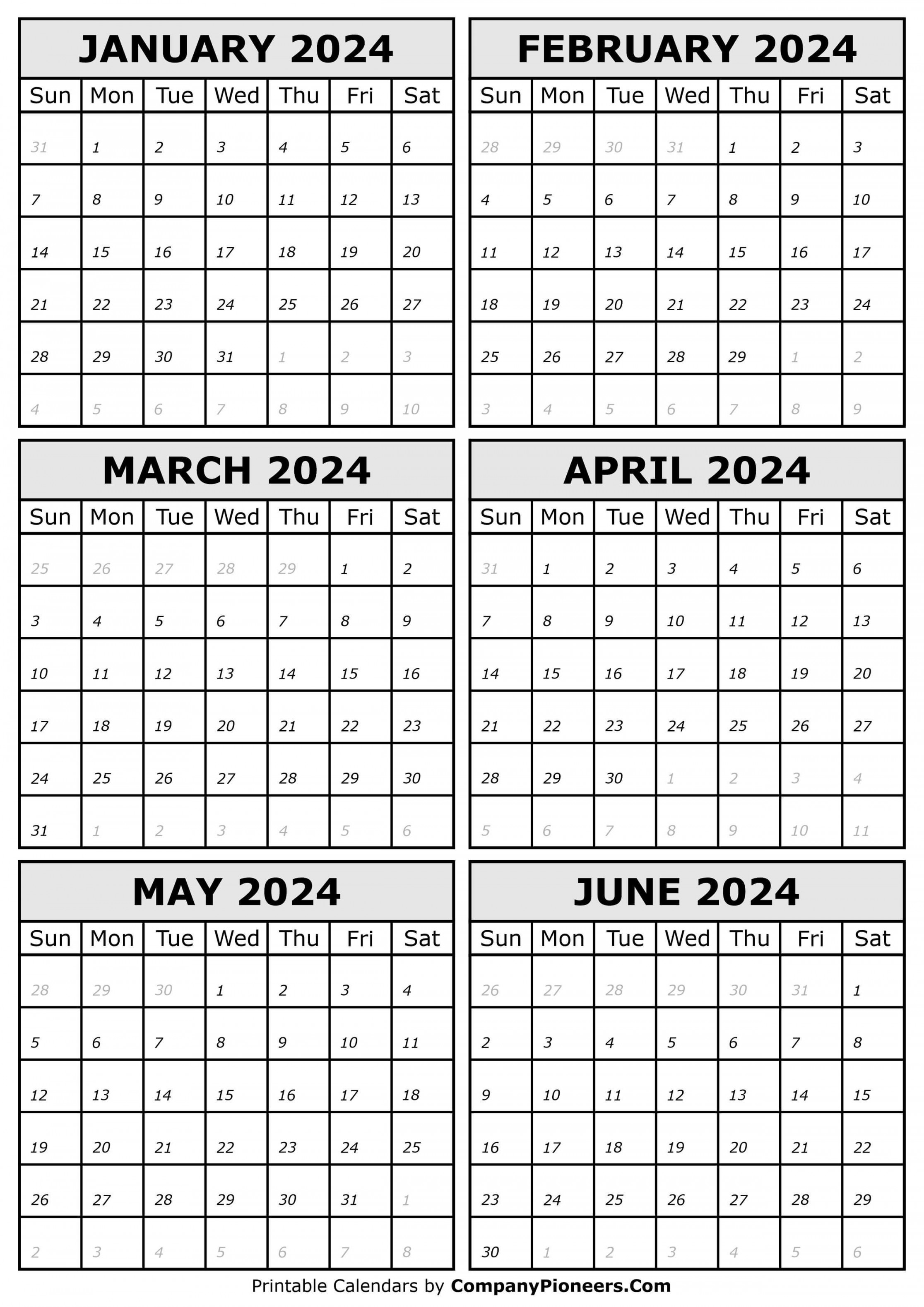 January  to June  Calendar Printable - Template