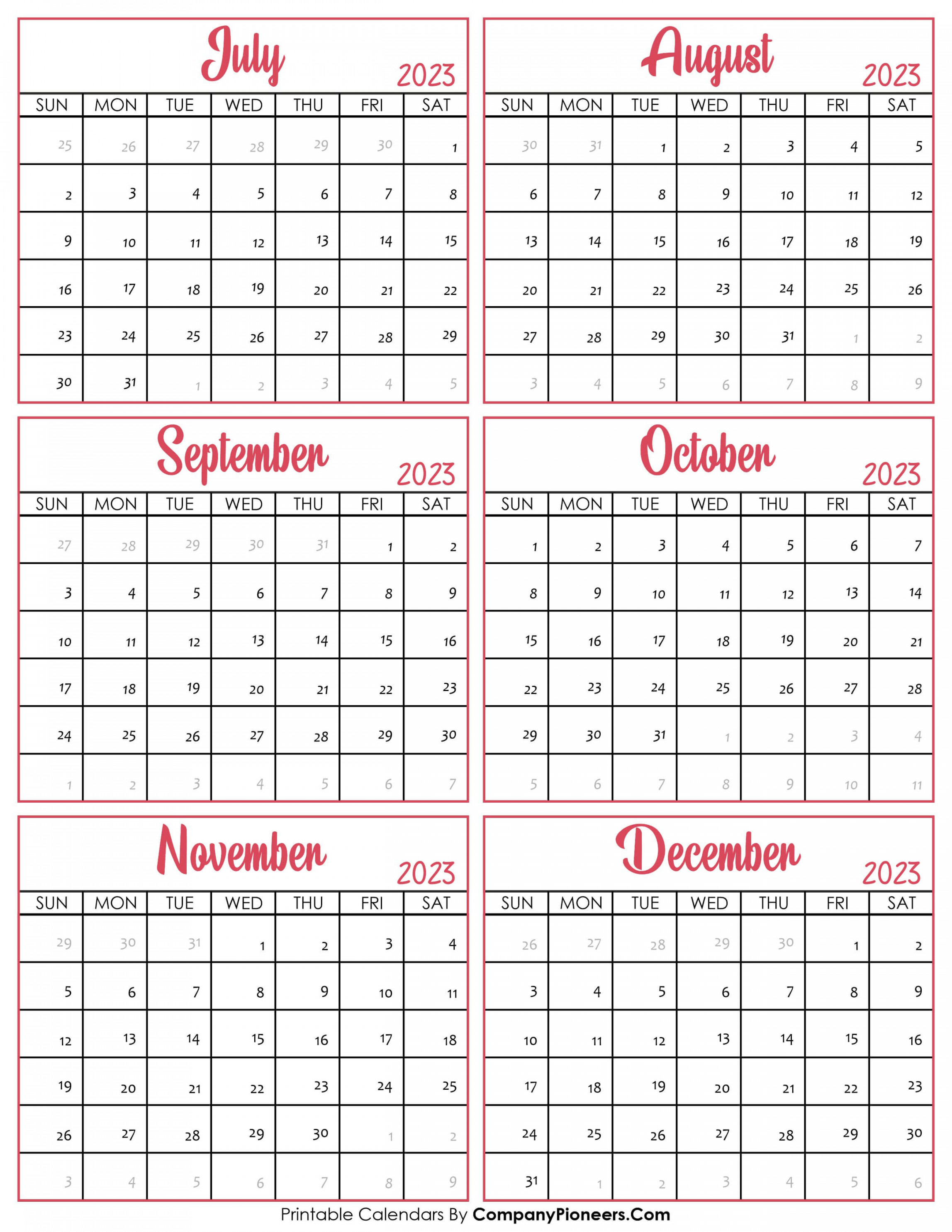 July to December  Calendar - Template