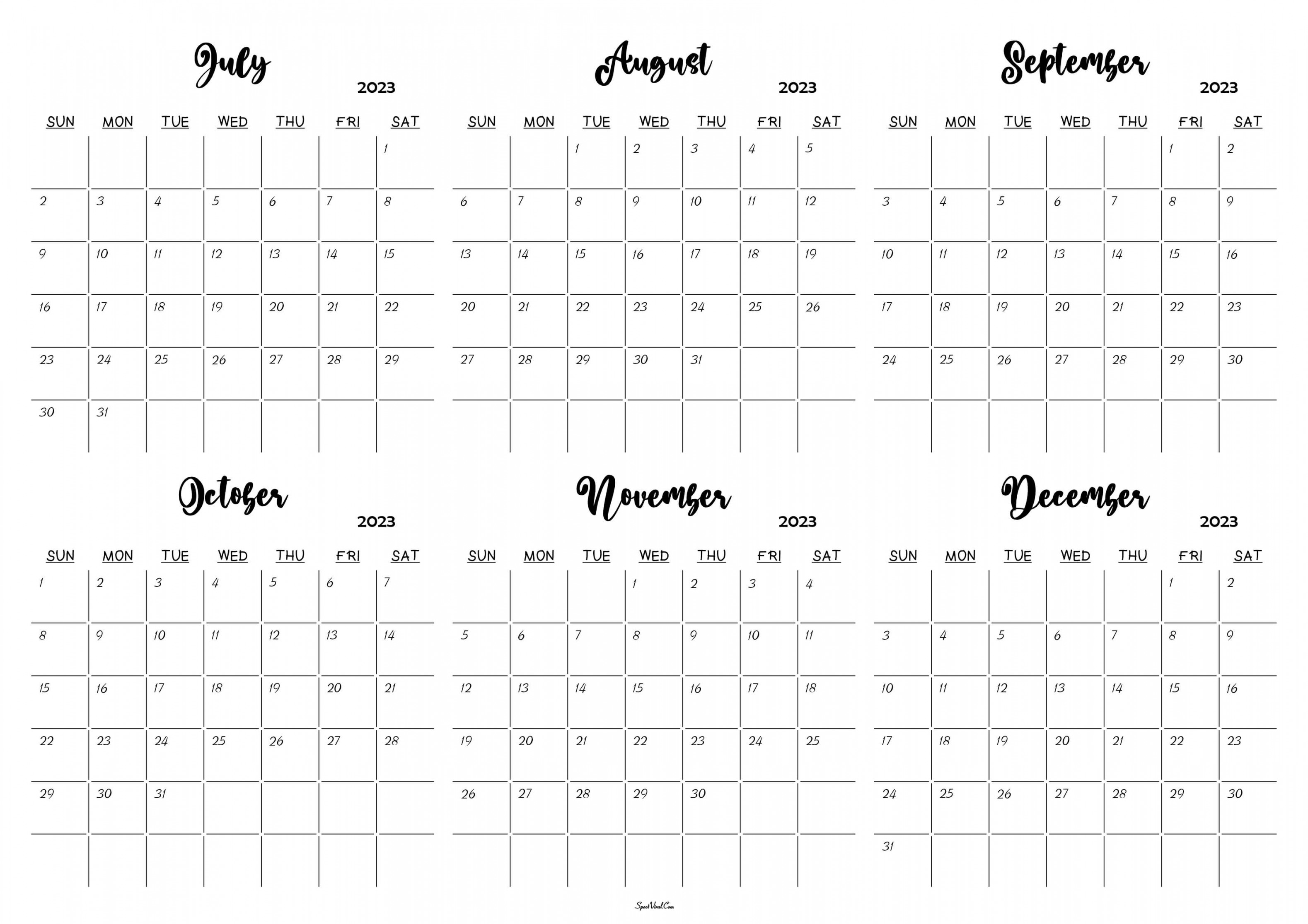 July to December  Calendar Templates