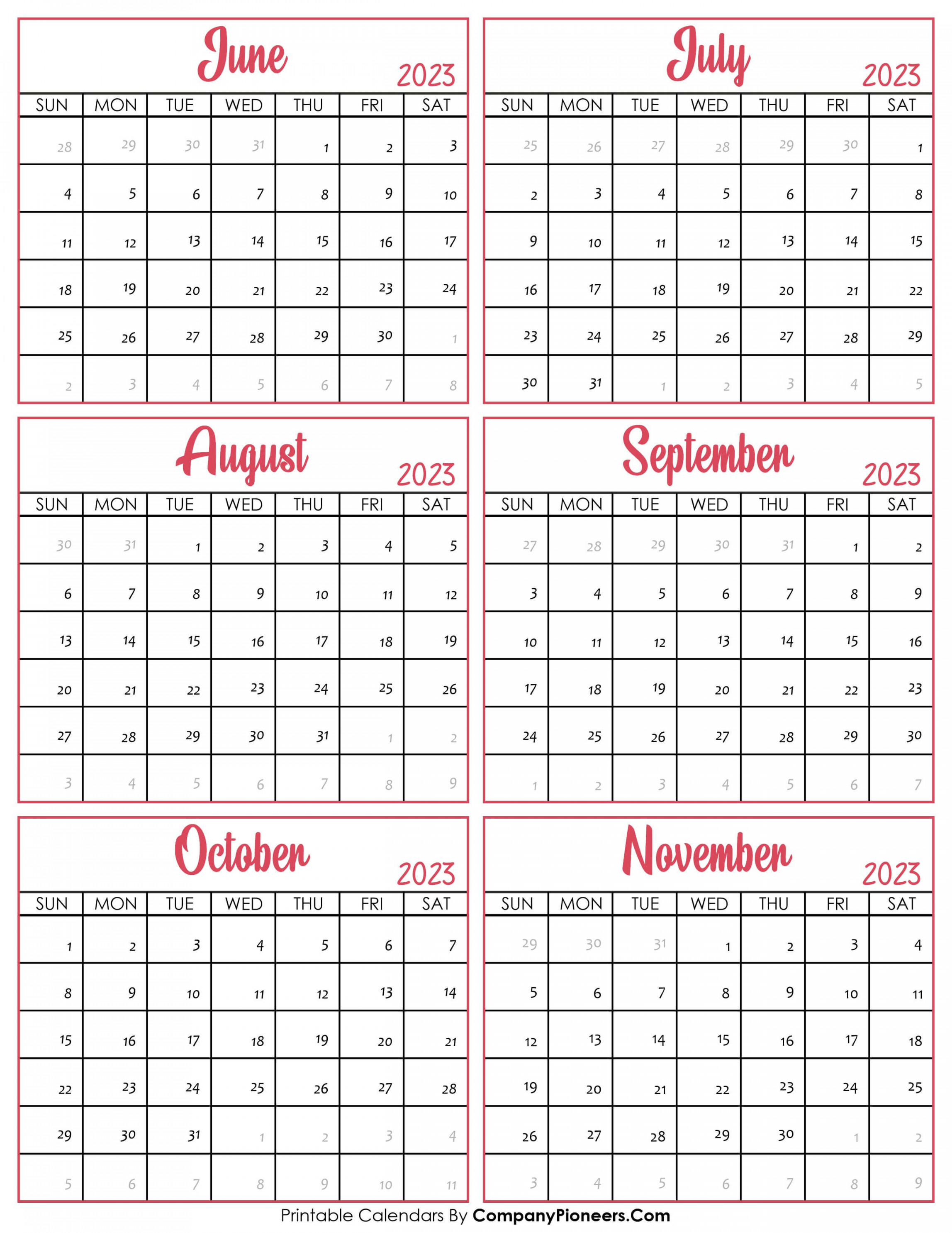 June to November  Calendar Printable - Template