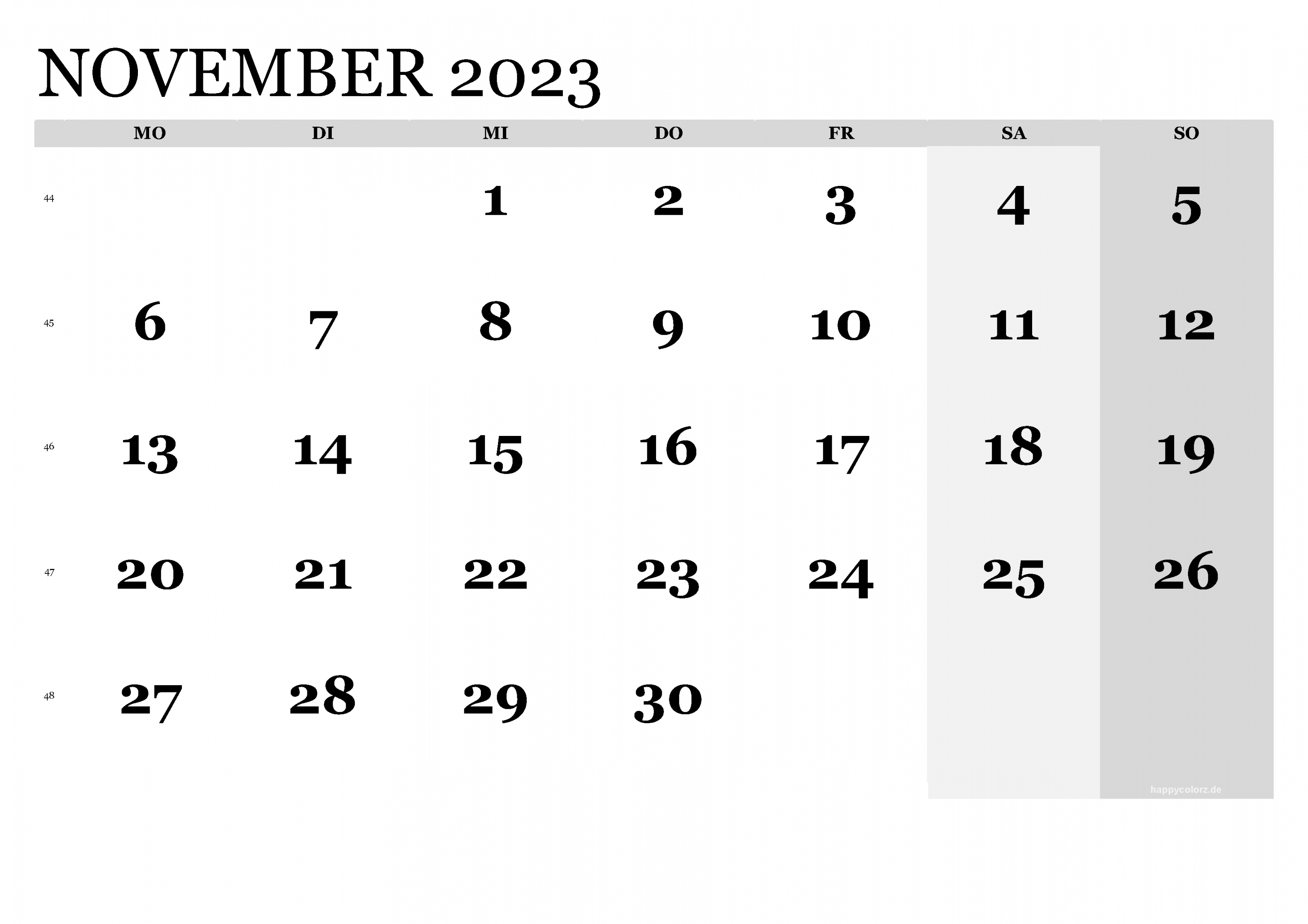 Kalender November  zum Ausdrucken (PDF, XLS, PNG)