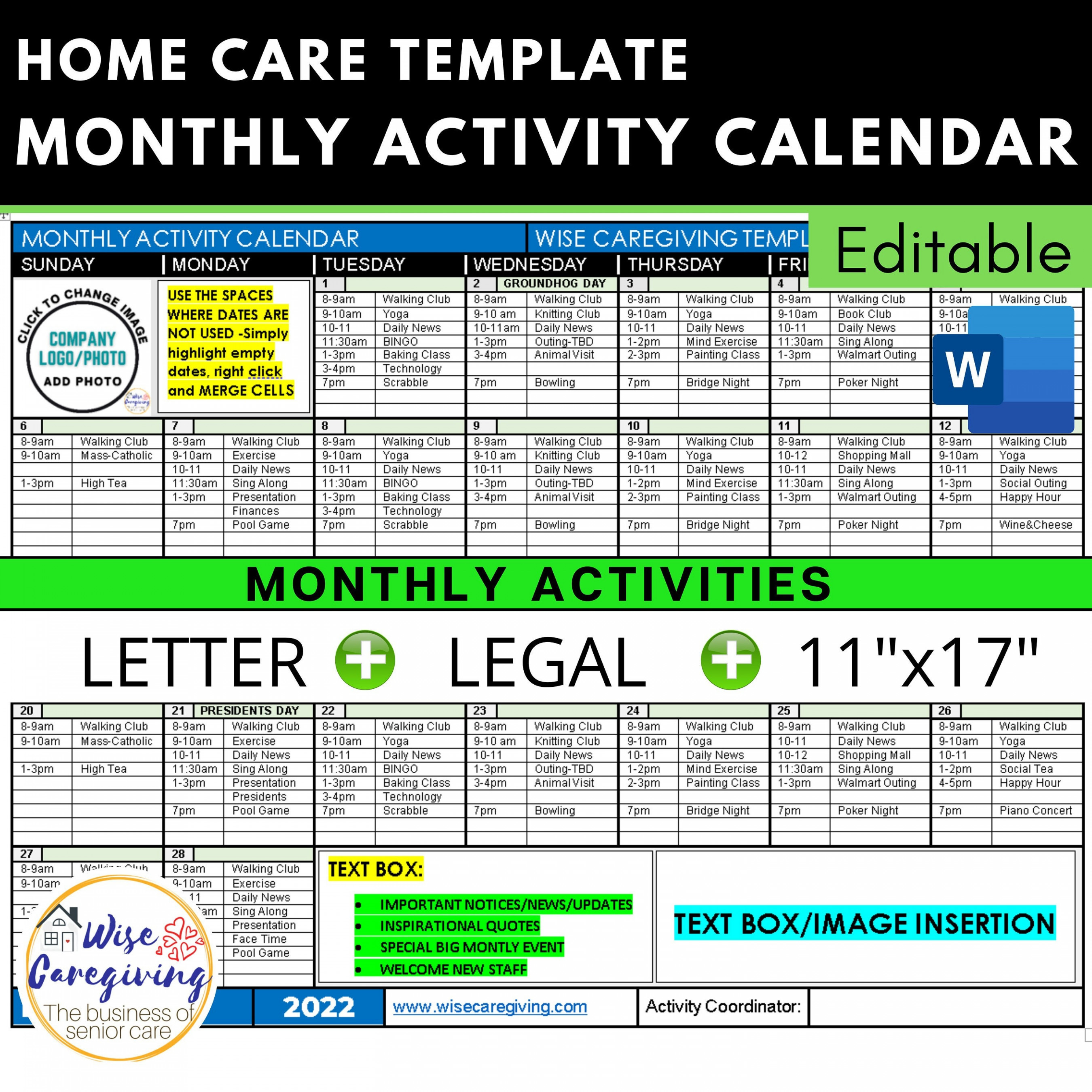 Monthly Activity Calendar Home Care Template Community Event - Etsy