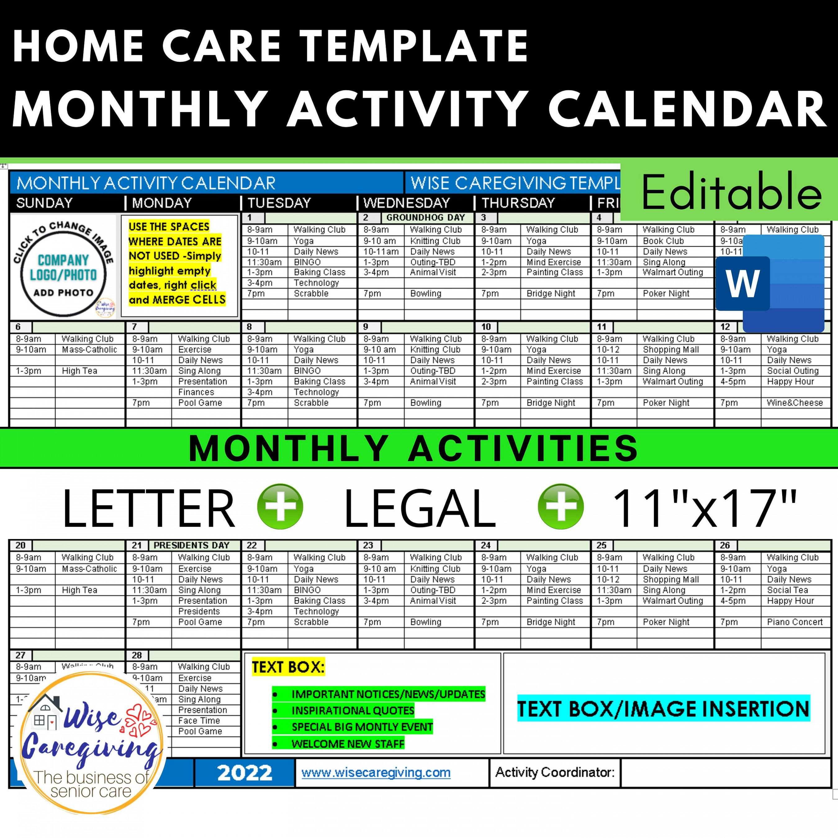 monthly activity calendar home care template community event etsy