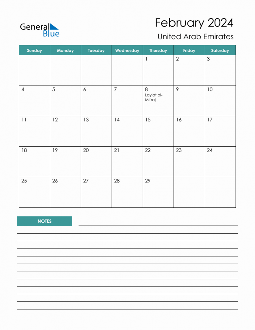 Monthly Planner with United Arab Emirates Holidays - February