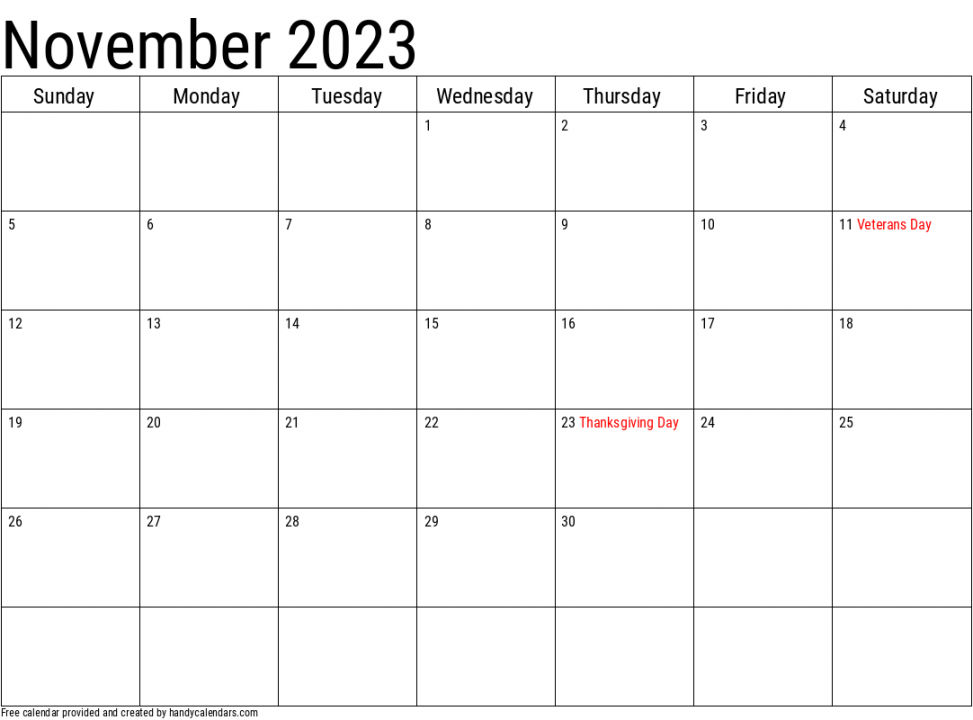 November Calendars - Handy Calendars